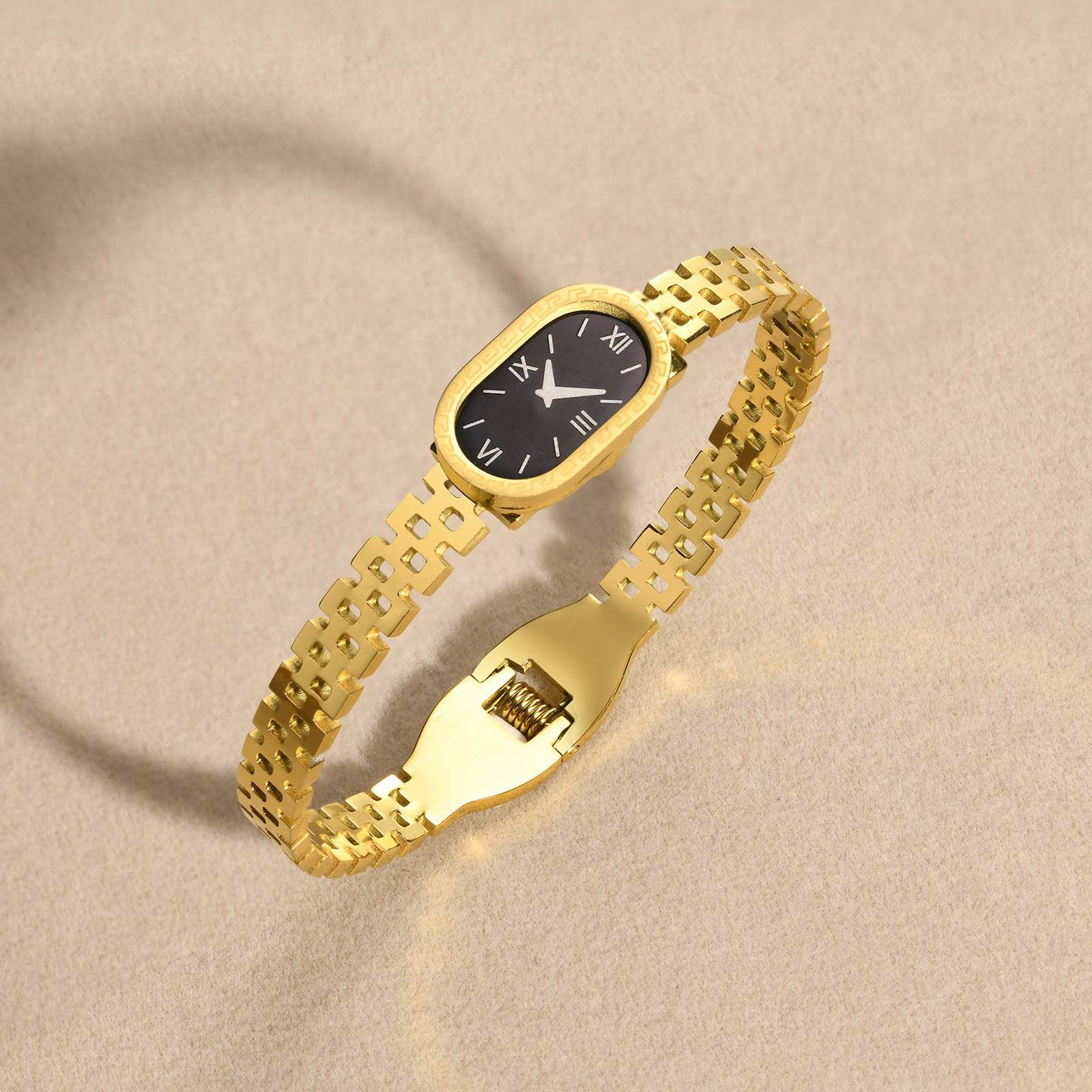 Women Fashion Stainless Steel Watch Shaped Cuff Bangle, Gold Color Metal Bracelets, Elegant Lady Wristband Jewelry Gift To Girls