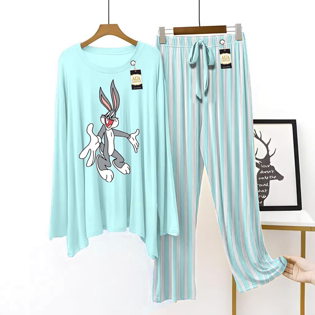 Blue Color Women Night Suit Excited Bunny Printed with Luxurious Lining Pajamas - Stylish Sleepwear Set For Women By  FIZA GARMENTS