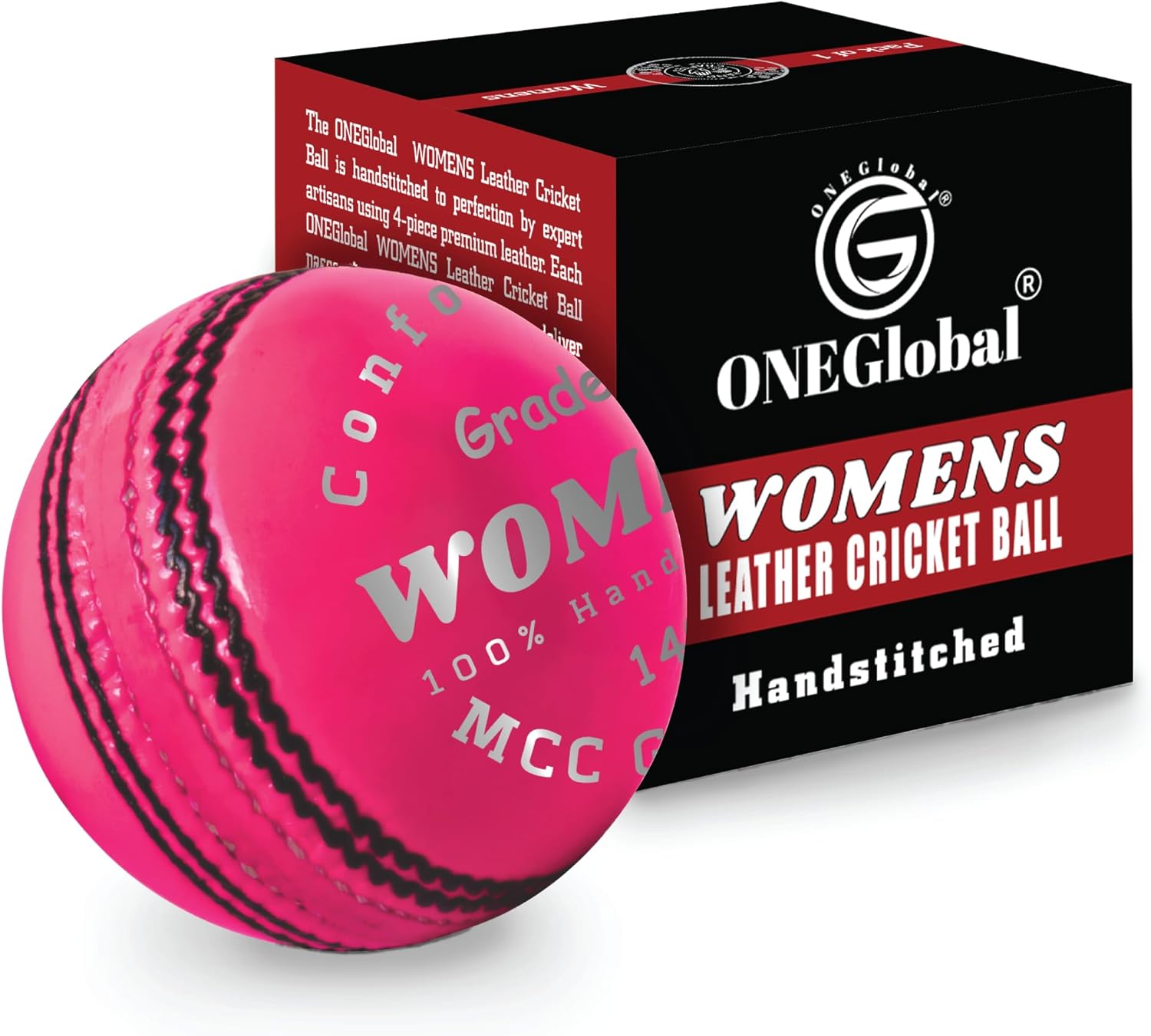 Womens Leather Cricket Ball | 100% Handstitched, 142g - 5oz, 4-Piece Waterproof Construction | Match Quality Womens Hard Cricket Balls (1 Pink)