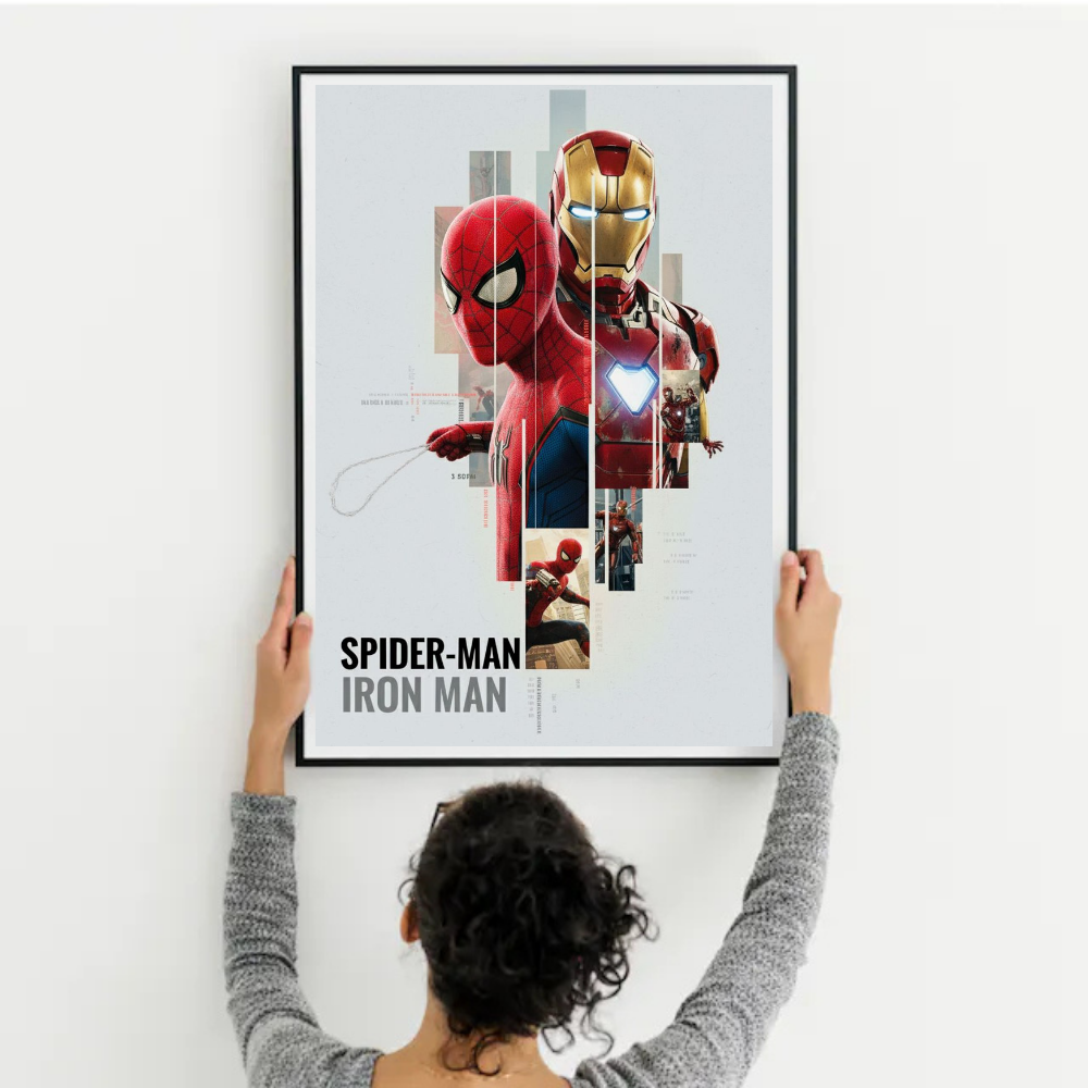 Premium Crystal Wooden Frame Iron Man & Spider-Man White Poster Art | Marvel Superhero Duo Minimalist Aesthetic Wall Decor | Avengers Artwork | Kids Room & Gaming Room Decoration Gift