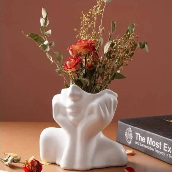 Jesmonite Ceramic Female Face Vase, Handmade Aesthetic Home Decor Flower Pot