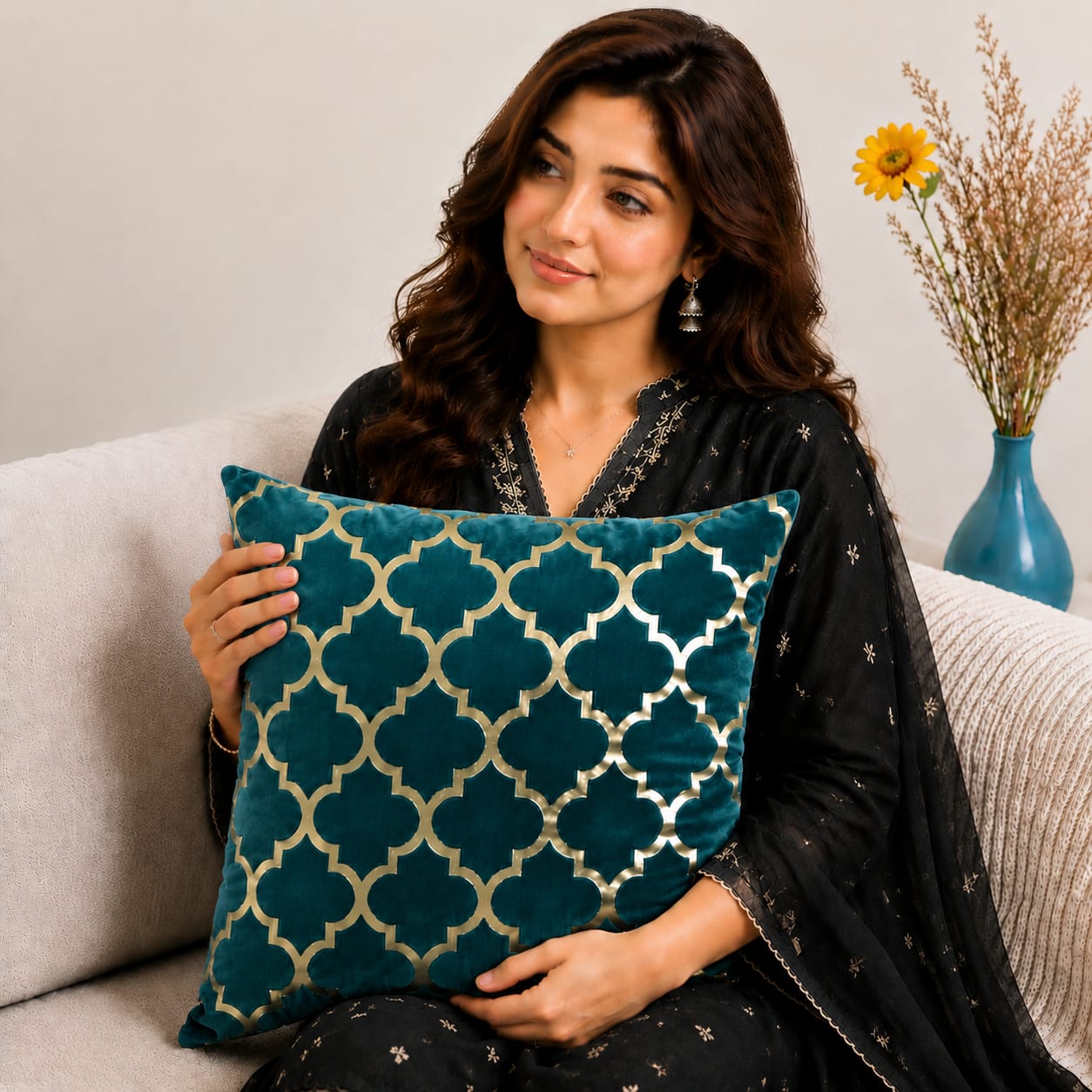 Elegant Geometric Pattern Velvet Cushion Cover 16x16 Inch Home Decor