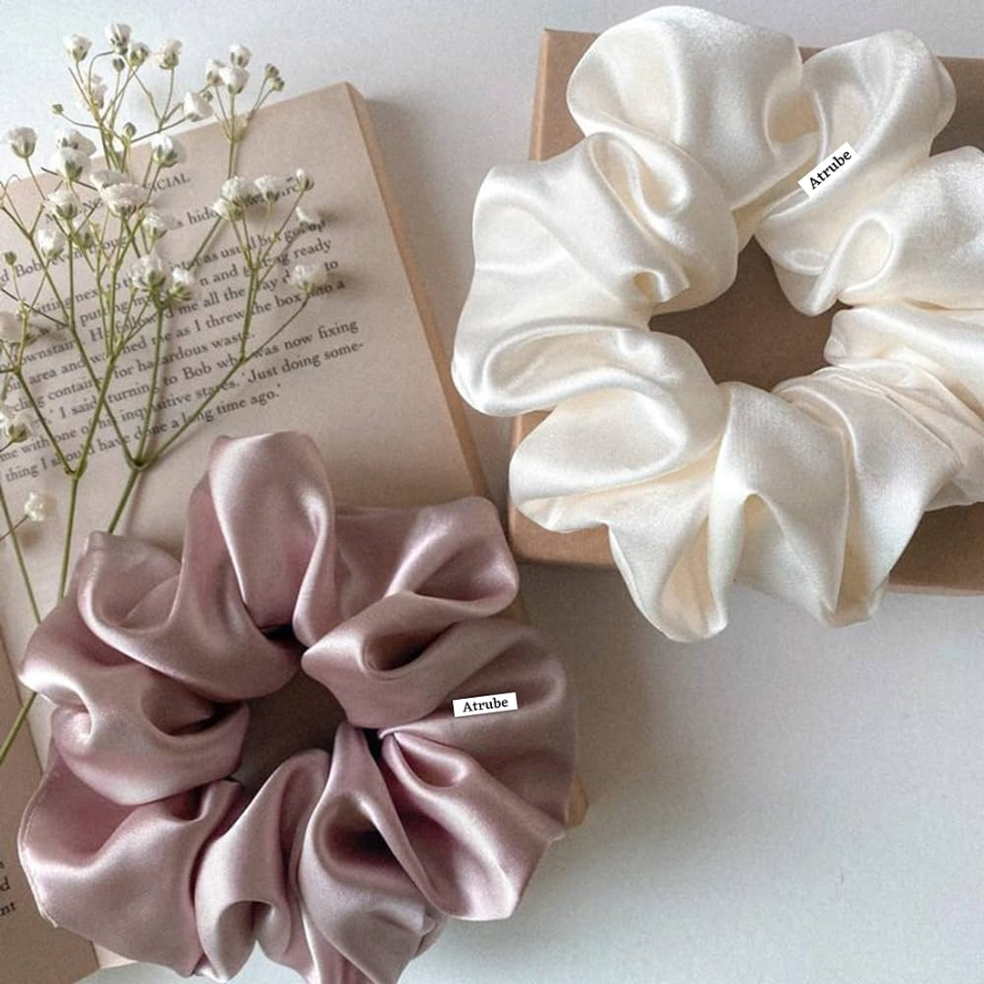 Pack of 2 Adjustable Mulberry Silk Scrunchies for Thick or Curly Hair, Gentle No-Damage Hair Ties, Soft Satin Ponytail Holders, Multicolor