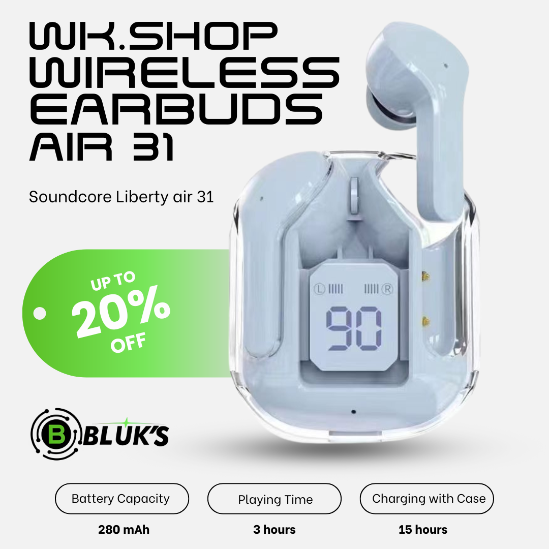 WKSHOP Air 31 Transparent Wireless Earbuds Bluetooth 5.3 TWS Earphones HD Bass Touch Control Noise Reduction Gaming Earbuds Long Battery Stereo Sound Compatible with Android iOS Mobile Phones Charging Case Low Latency Handsfree Music Ear Buds