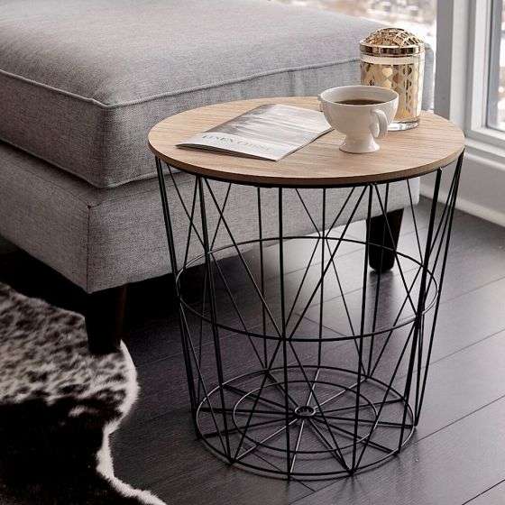 METAL WIRE REMOVABLE WOOD TOP FOLDABLE ROUND COFFEE SIDE TABLE STORAGE BASKET( 16 L 16 W 18.5 H )