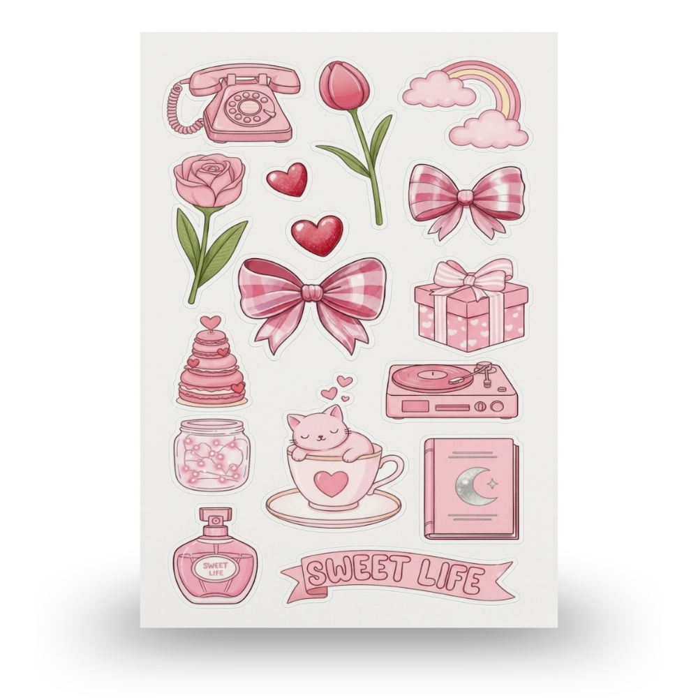 Pink Themed Aesthetic Sticker Sheet | Journal Aesthetic Stickers - Uncut and A6 Sized (10x15cm) Art for Laptops, Journals, and More - Express Yourself Creatively for Girls and Boys