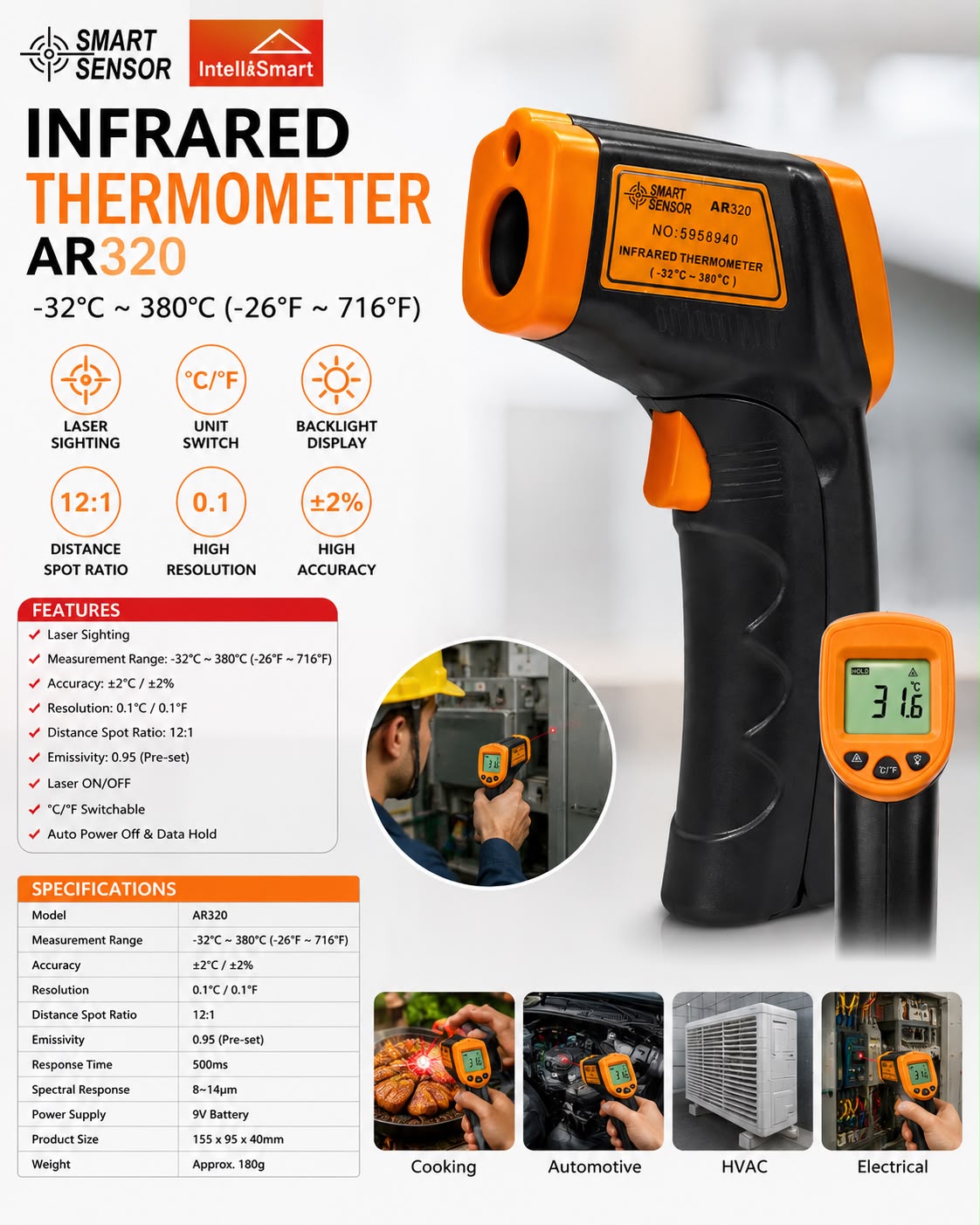 Infrared Thermometer, Laser Thermometer, Temperature Gun, Digital Temperature Gun, SMART SENSOR AR320 Infrared Thermometer | Digital Laser Temperature Gun | Non-Contact IR Thermometer | -32°C to 380°C | Industrial Temperature Meter