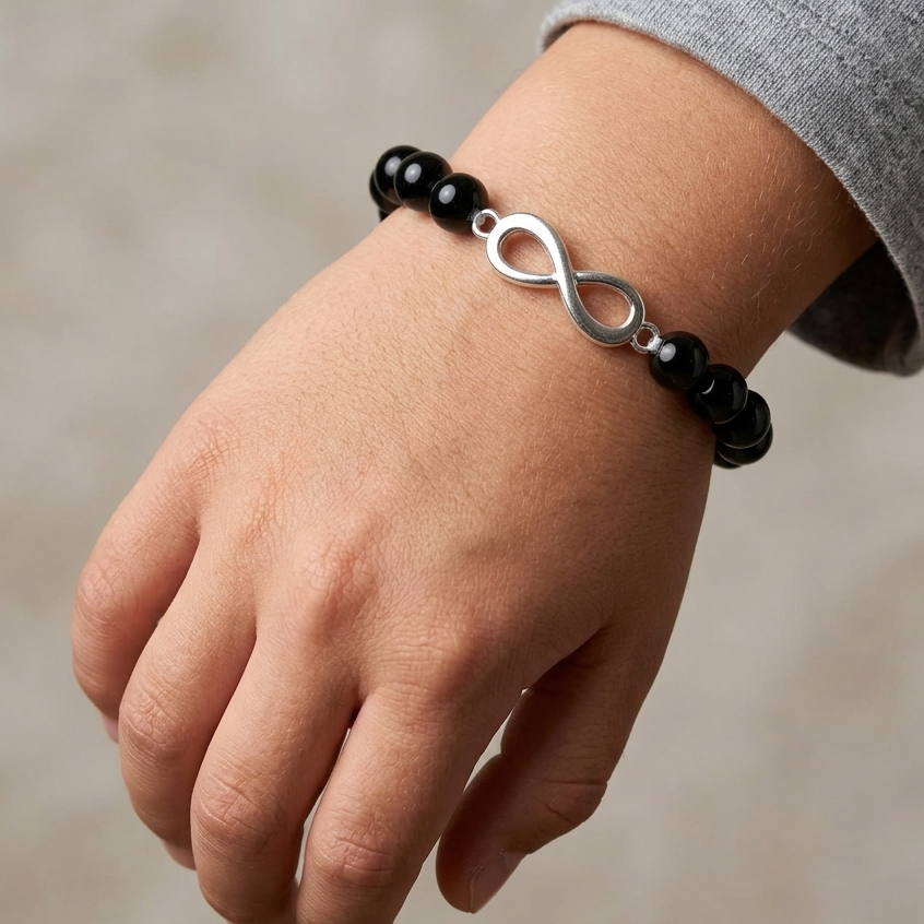 Glamorous Black Beads Bracelet for Men & Boys | Adjustable Unisex Wristband | Trendy Stylish Jewelry | Black Crystal Beads Bracelet with Stretchable Band For Men & Women