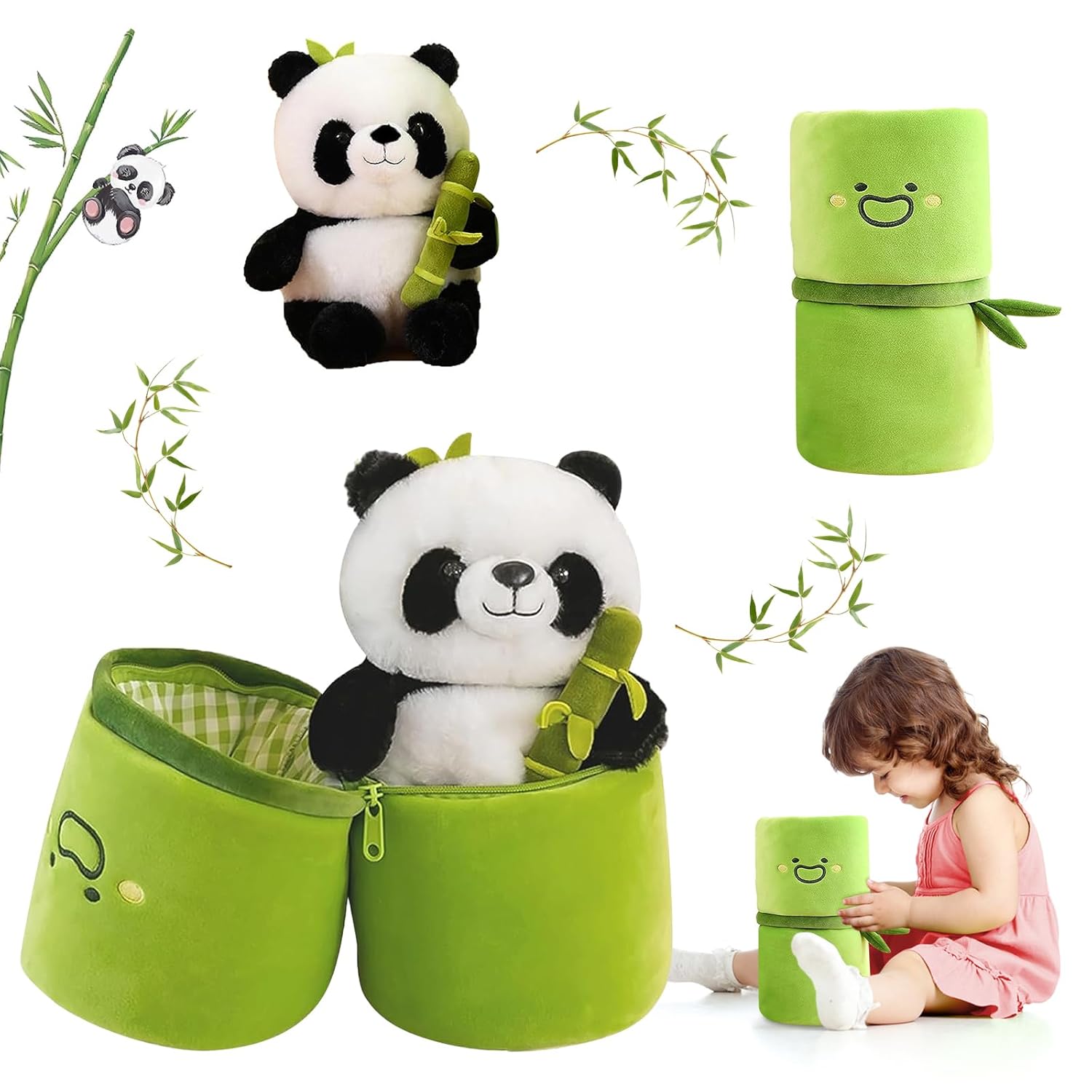 Emoin Panda Stuffed Animals Panda Bamboo Plush Toy 25cm Large Size Bamboo Tube Panda Pillow Stuffed Panda Bear Plushies Panda Doll Gifts for Boys Girls