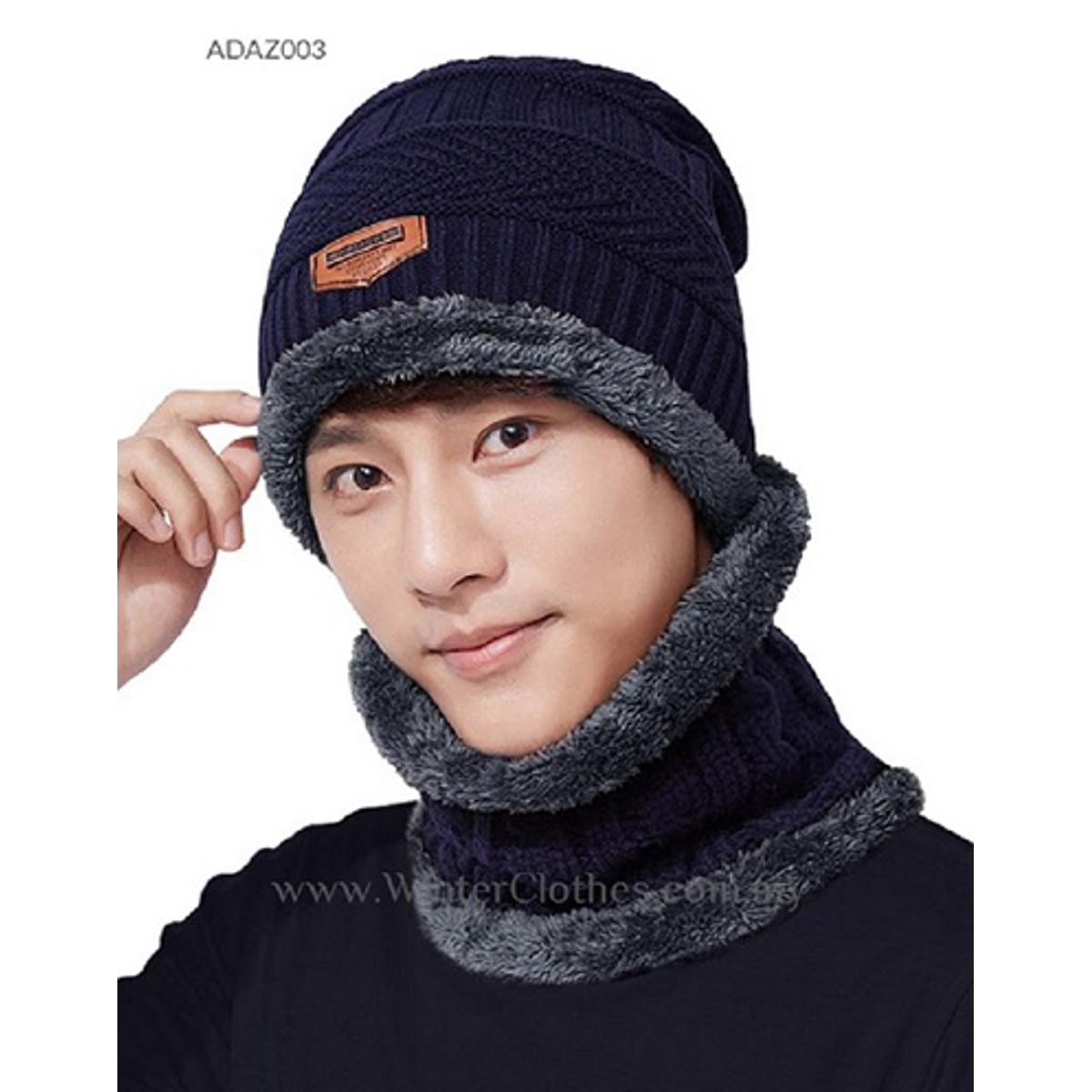 Blue Color Winter Beanie Hat Cap Neck Warmer Scarf Set Fleece Lined Skull Cap and Scarf Unisex Hat & Scarf Set Stylish Knit Skull Cap for Men Women