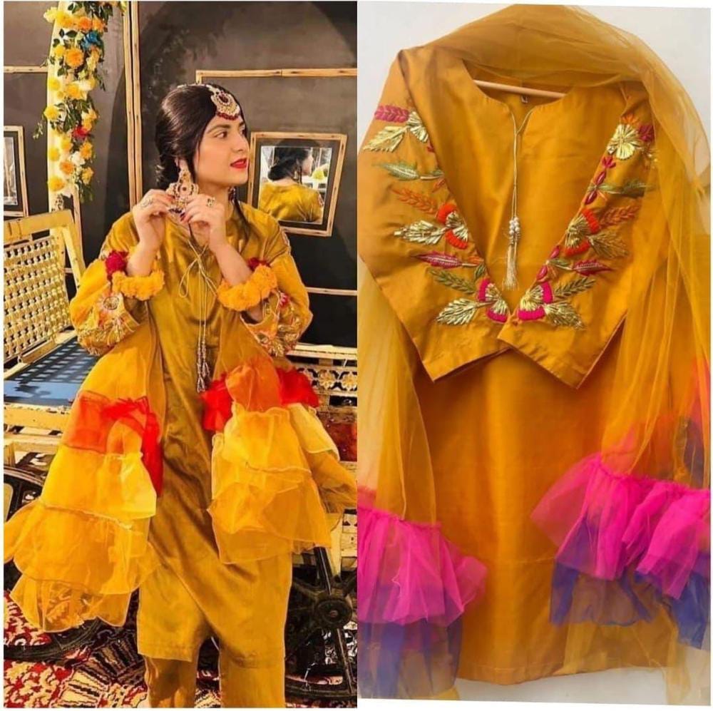Katan Silk Fancy Net Dupatta Embroidery Three Pieces For Girls.