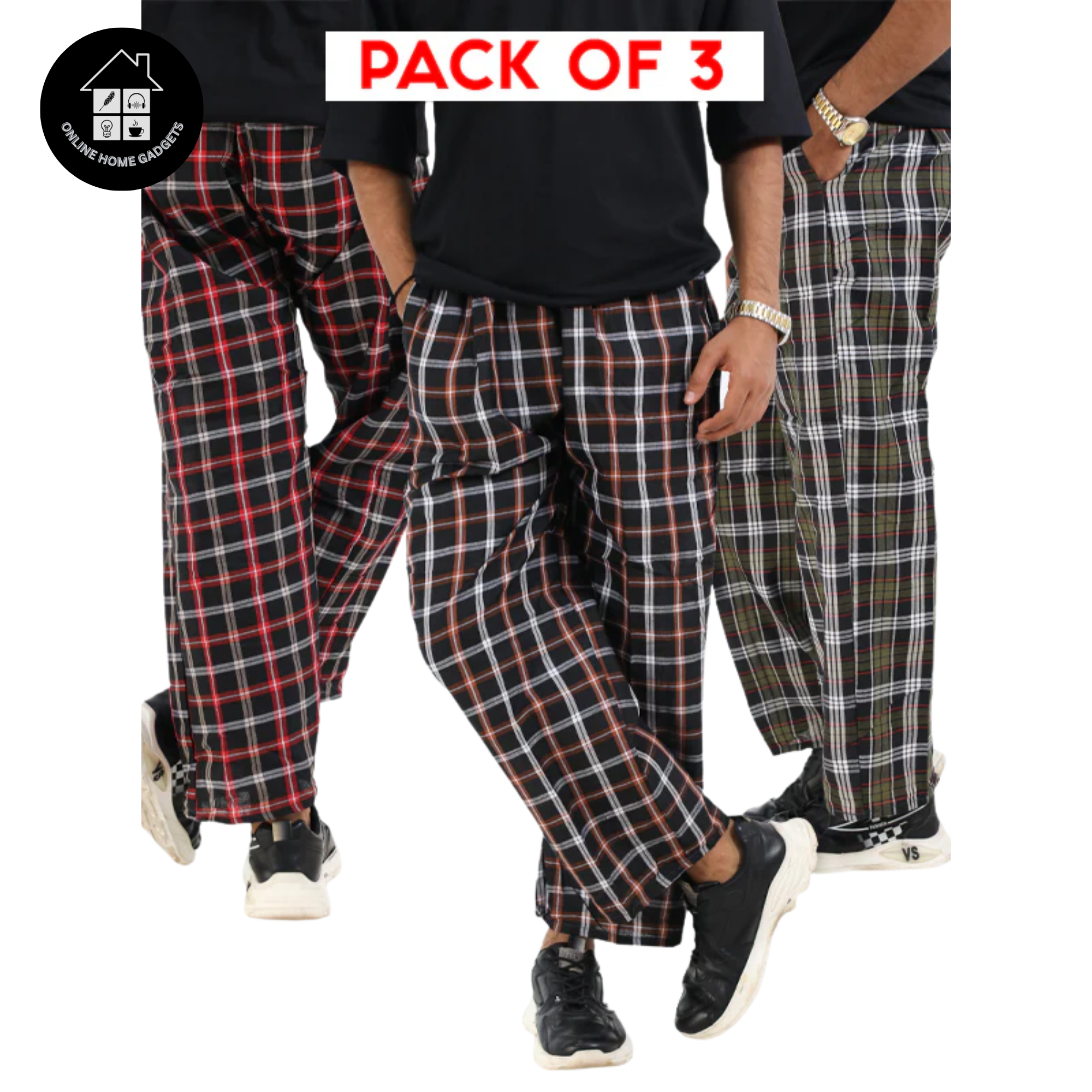 Pack Of 3 Men Cotton Checkered Trouser with Pockets  Casual Comfortable Plaid Pants for Men  Elastic Waist Lounge Pants  Breathable Summer Trousers for Home & Outdoor