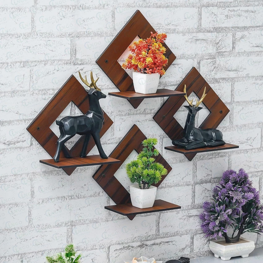 New Fabolous 4 Pcs set Decorative Wooden Wall Art Wall Shelves For Bedroom Number of Shelves 4 Wooden Wall Shelf Big size (8x8 inches)