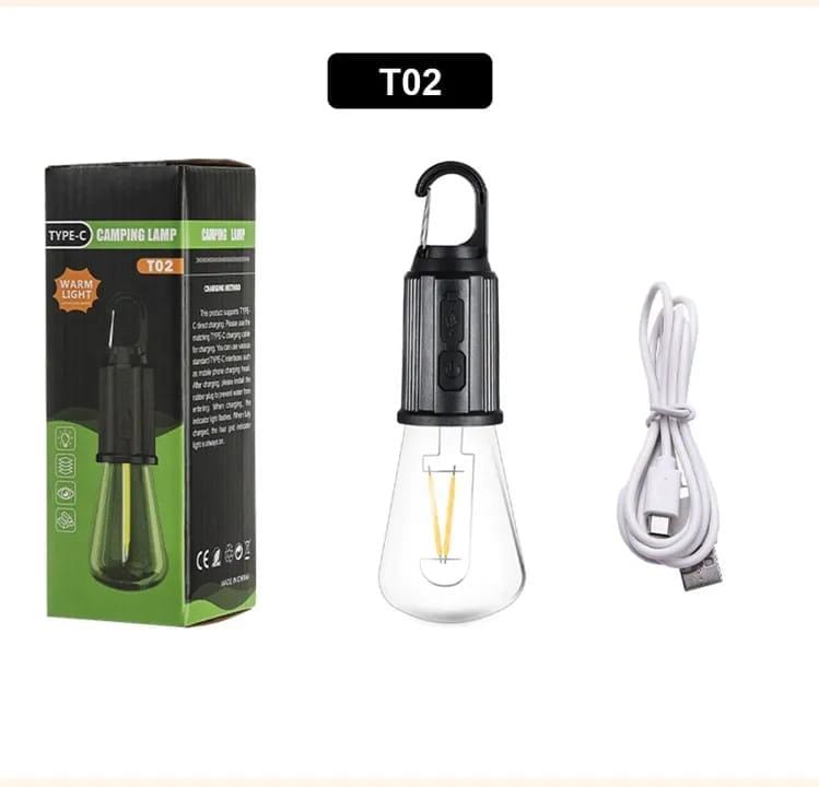 Portable LED Camping Lamp with Hook – USB Rechargeable Warm Light Emergency Bulb for Outdoor, Hiking & Home Backup