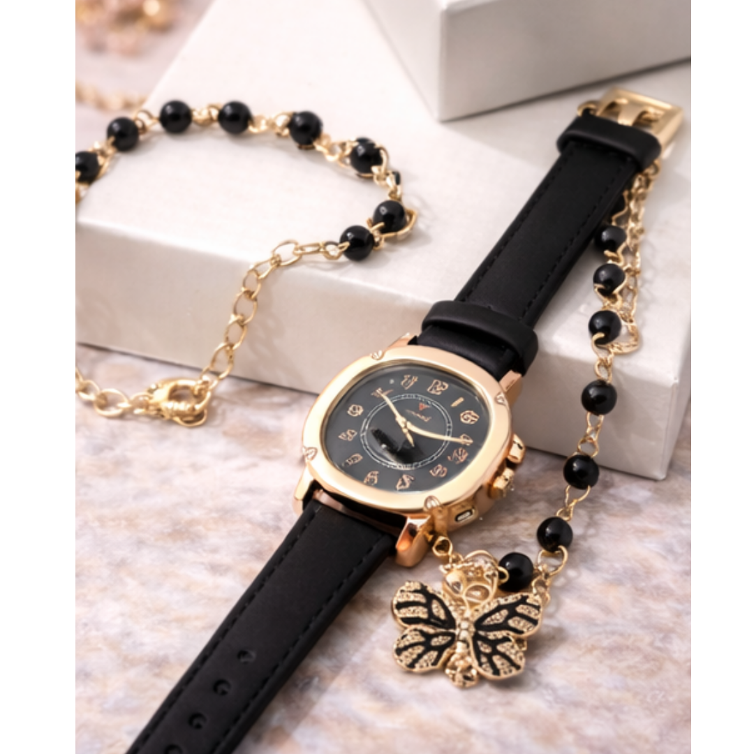 🖤 Black Watch & Bracelet Combo Set for Women & Girls | Elegant Matching Wristwear Gift