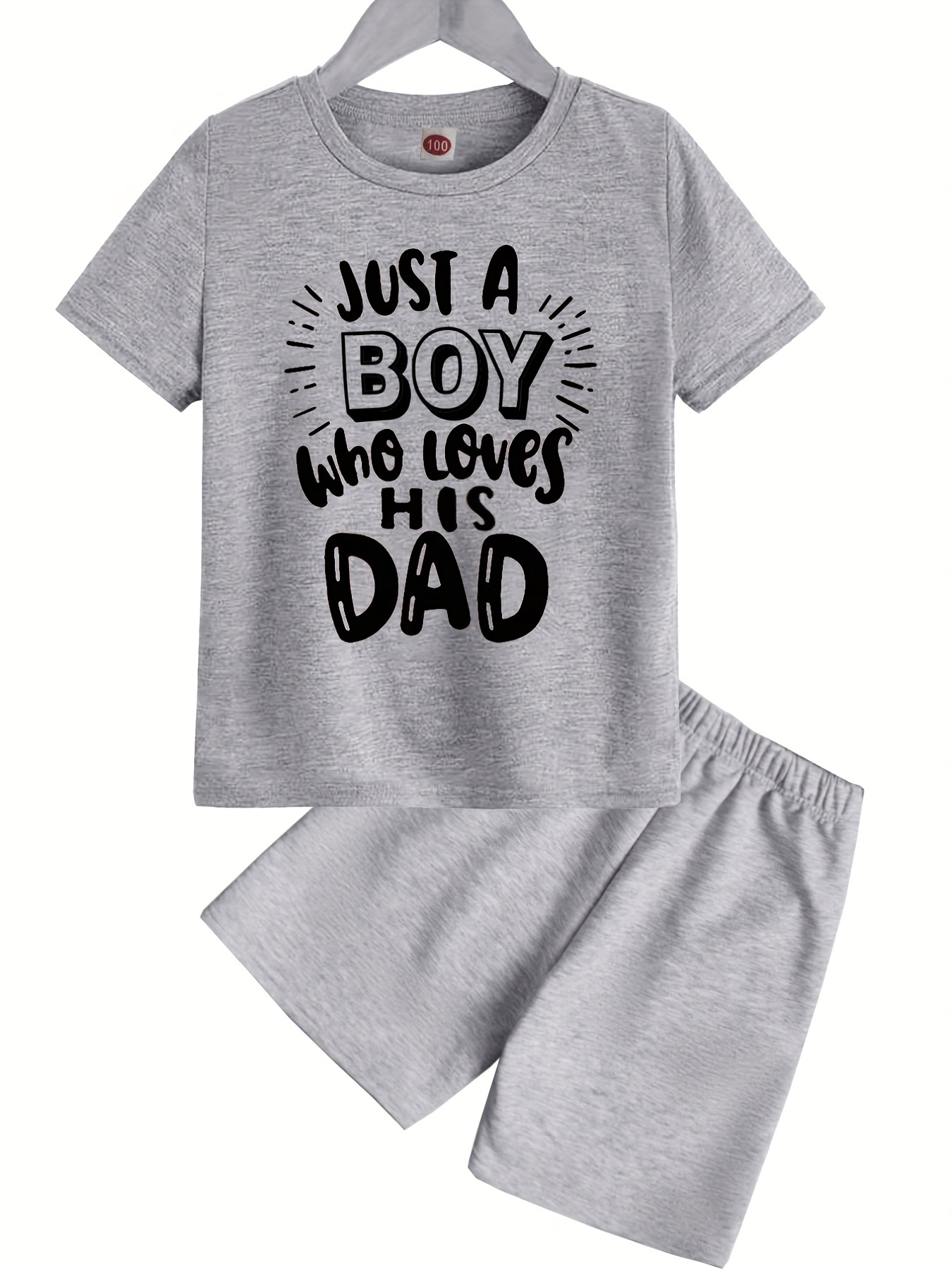 Boys "Just A Boy Who Loves His Dad" Outfit Round Neck T-shirt & Solid Color Shorts Casual, Kids Summer Clothes Sets