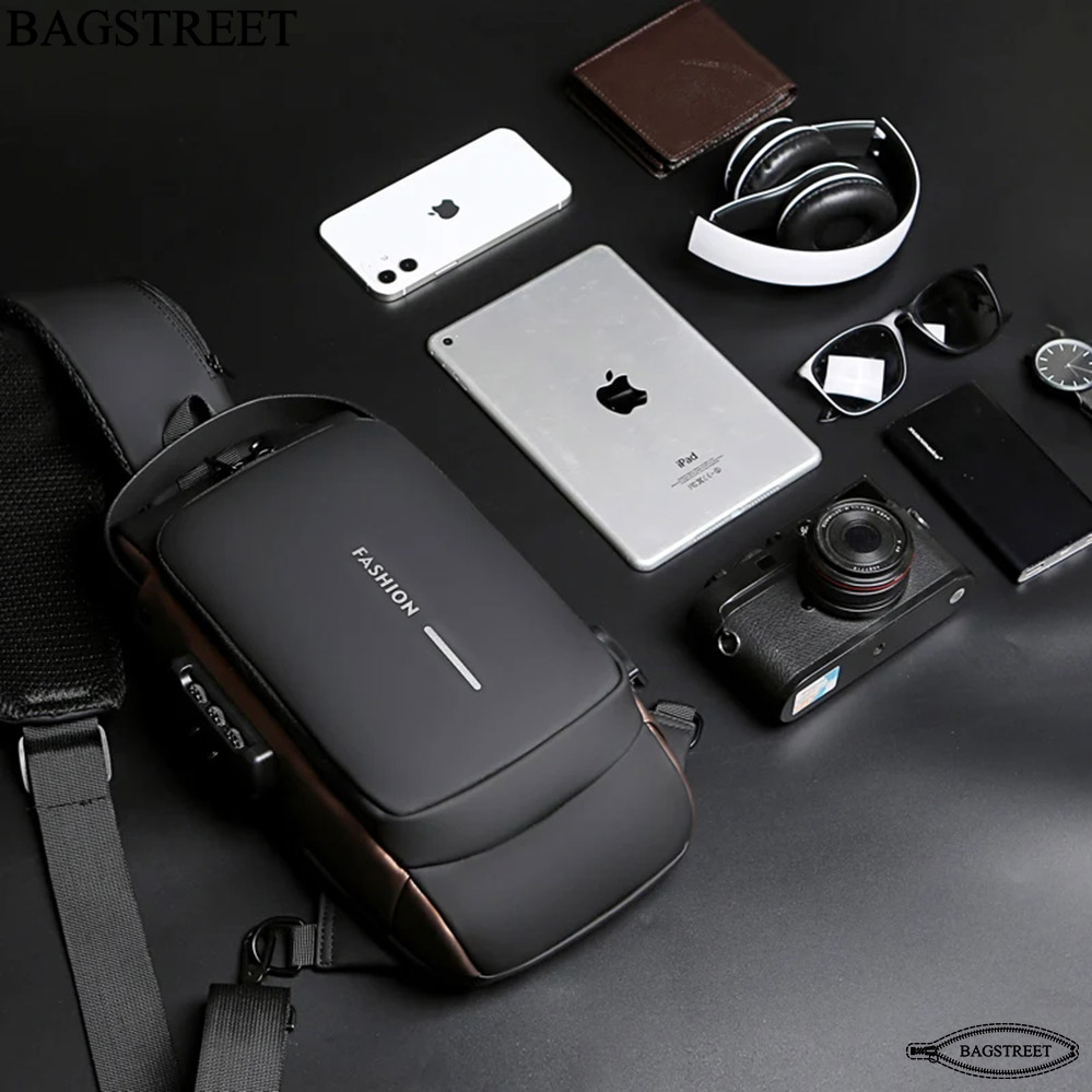 BAGSTREET New Waterproof Anti-Theft Unisex Sling Crossbody Bag with USB Charging Port and Combination Lock - Black