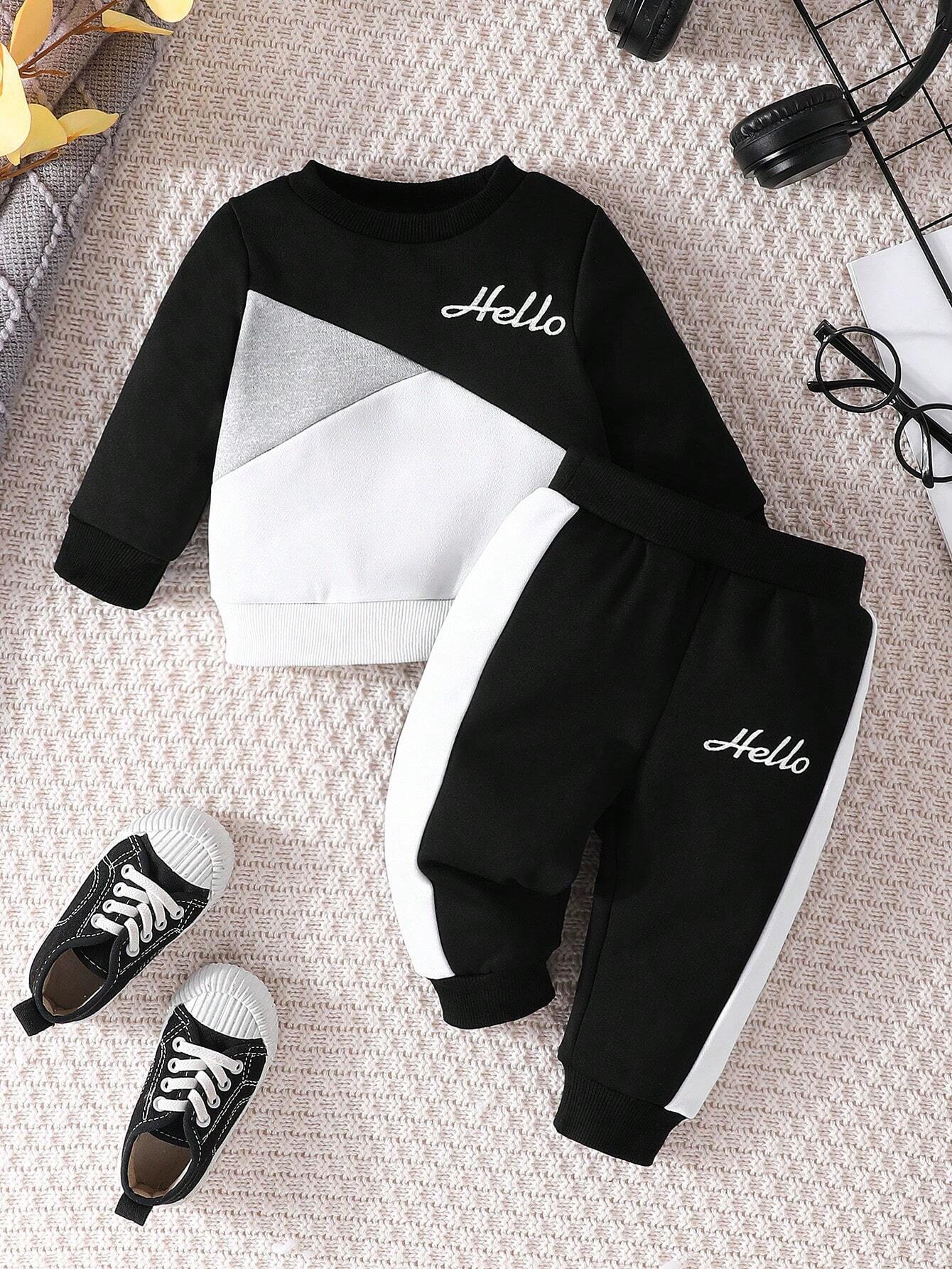 Boys Winter/Spring Casual Long Sleeve Printed Patchwork Round Neck Top And Pants Set