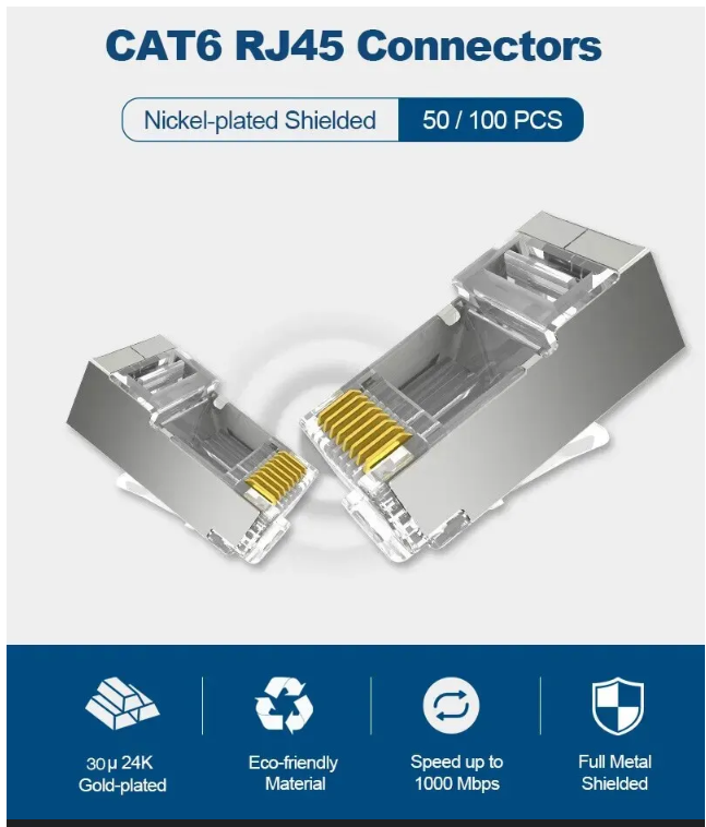 5 Pcs, 10 Pcs, 20 Pcs, 30 Pcs , 50 Pcs ZOERAX 50-Pack RJ45 Pass Through Connector Cat6 Shielded RJ45 Modular Plugs Gold Plated 8P8C RJ45 Ends