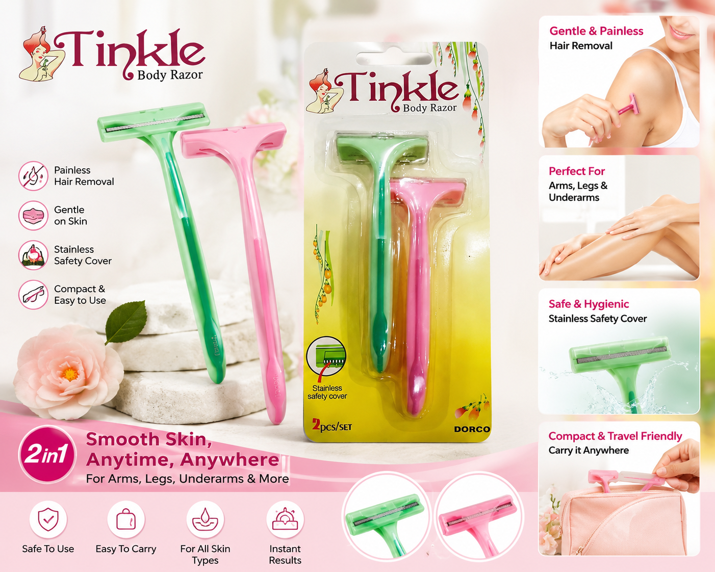 Tinkle Body Razor for Women 2 PCS Set | Facial & Body Hair Removal Razor | Eyebrow, Face, Arms, Legs & Bikini Area Shaving Razor | Stainless Steel Safety Cover | Reusable Portable Beauty Grooming Tool for Smooth & Precise Hair Removal