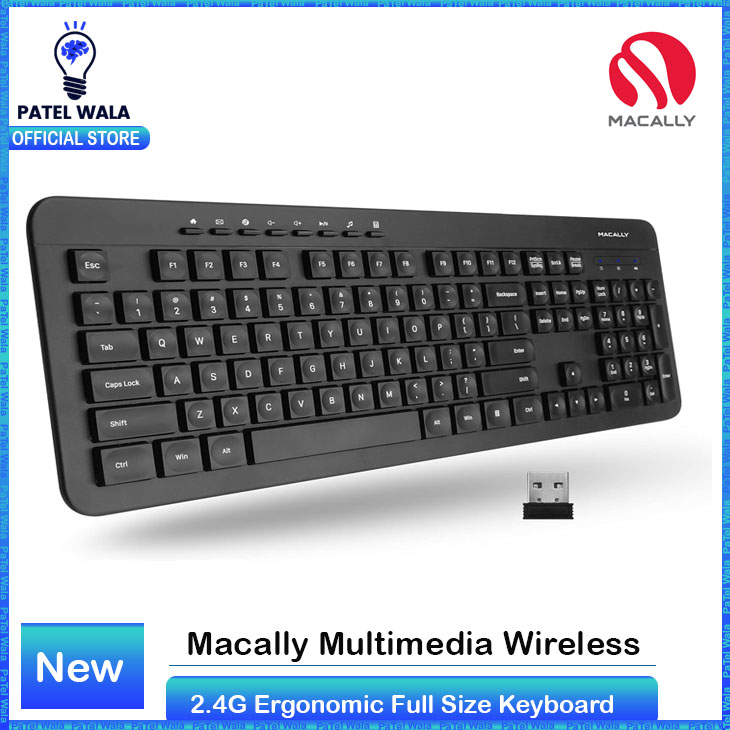 Macally Wireless Keyboard - 2.4G Ergonomic Full Size Keyboard | Wireless USB Keyboard for Laptop, Windows PC & Desktop | Quiet, Comfortable Typing Experience – Black – Patelwala