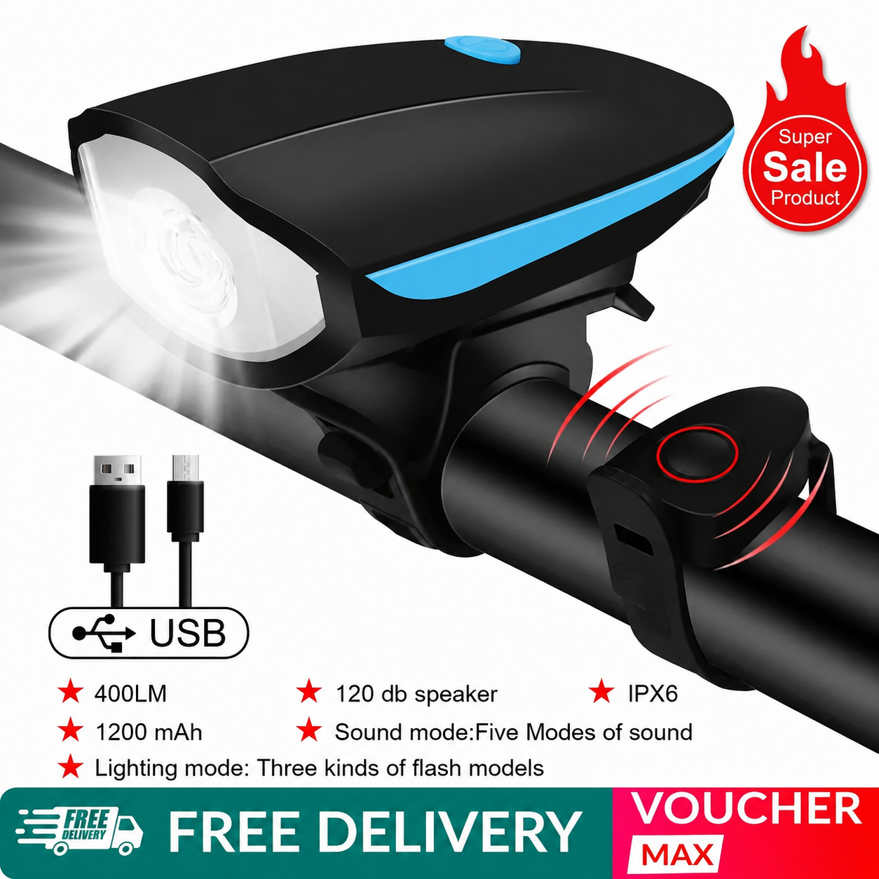USB Rechargeable Bike Headlight with Sound & Light Modes, 400LM, IPX6 Waterproof, 1200mAh - Cycling Safety Accessory  cell horn is not rechargeable .... FOG LIGHT IS JUST A LIGHT   TUBE LIGHT IS NOT RECHARGEABLE