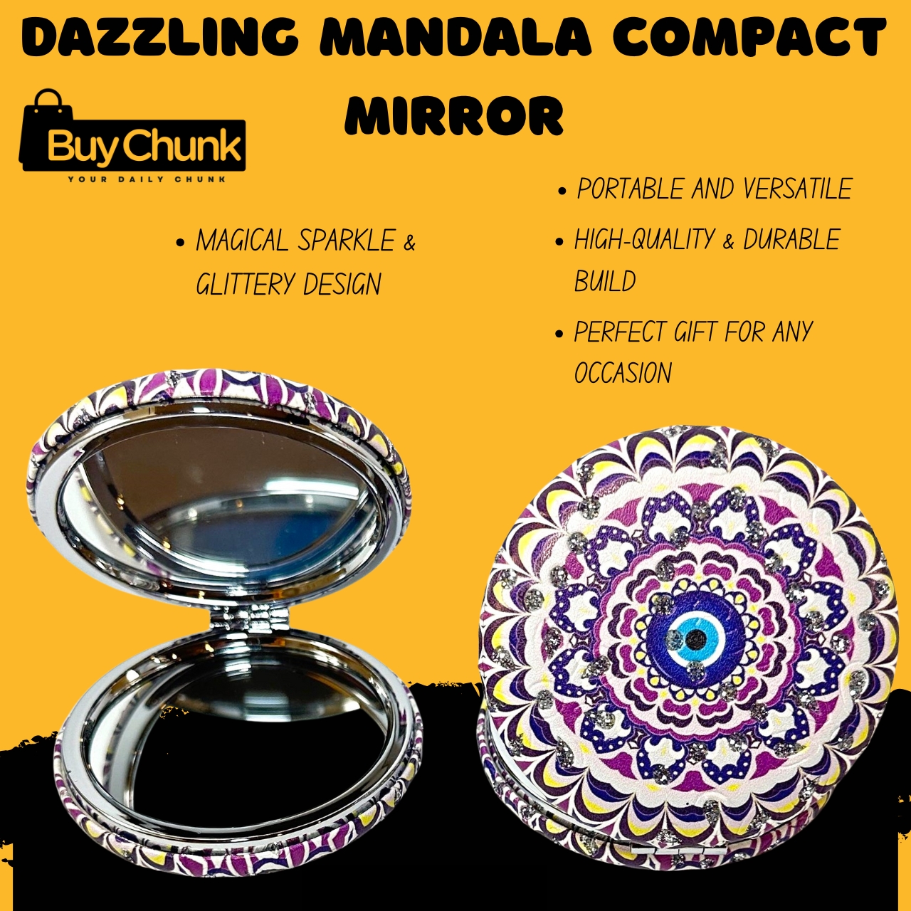 Mandala Compact Mirror with Glitter Design | Stylish Mandala Design for Everyday Use | Dual-Sided Compact Makeup Mirror for Women | Perfect Gift Idea