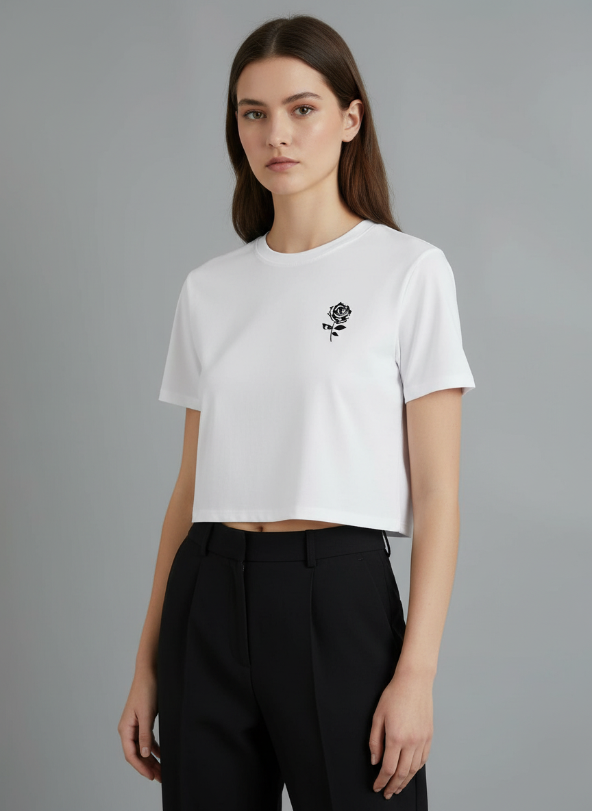 Rose Logo Print Round Neck Half Sleeve Crop Top T shirt for girls Women Fashion Clothing Fine Jersey