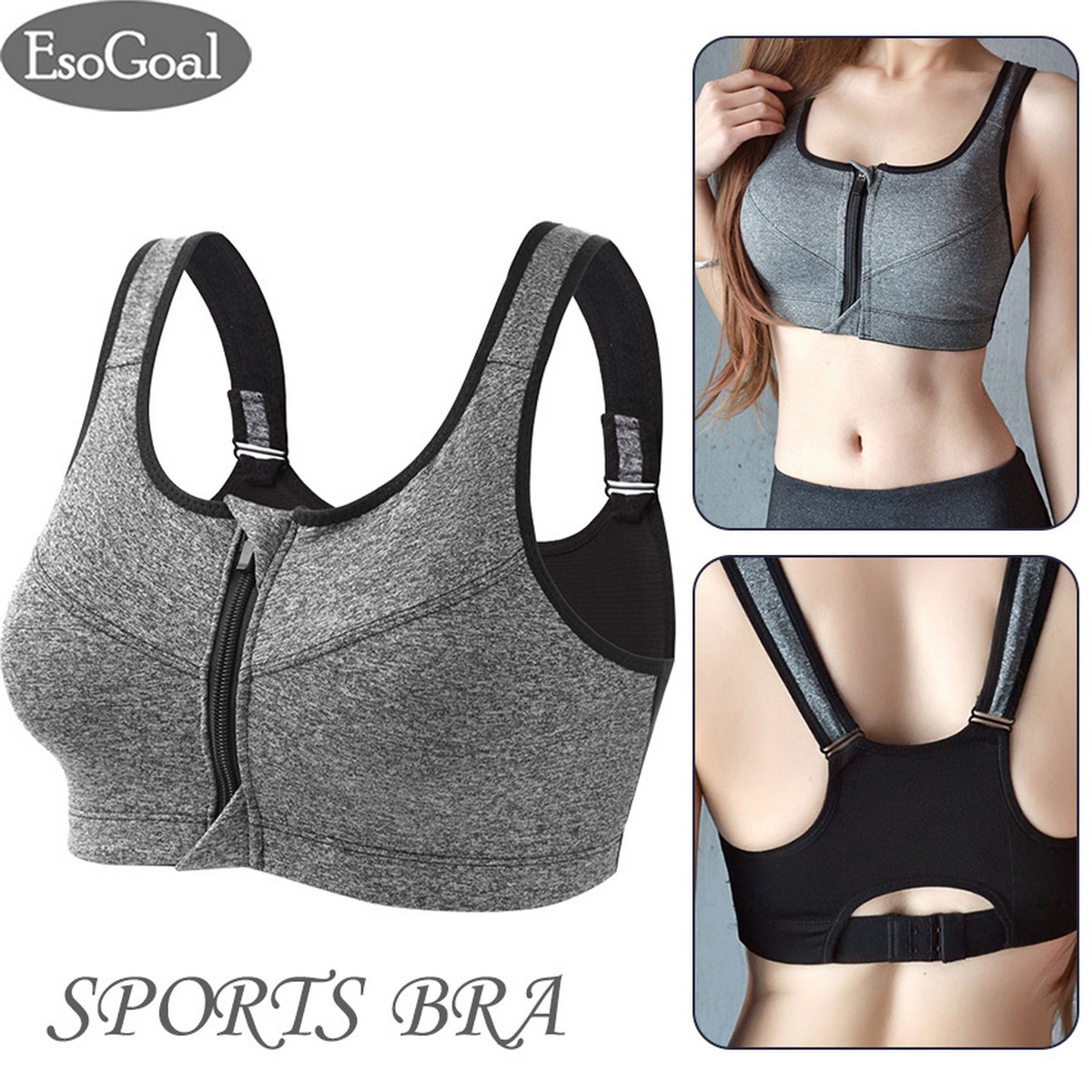 EsoGoal Women Sports Bra Front Zipper Closure Professional Anti Vibration  Padded Shockproof with Removable Pads for Workout Running Gym Exercise
