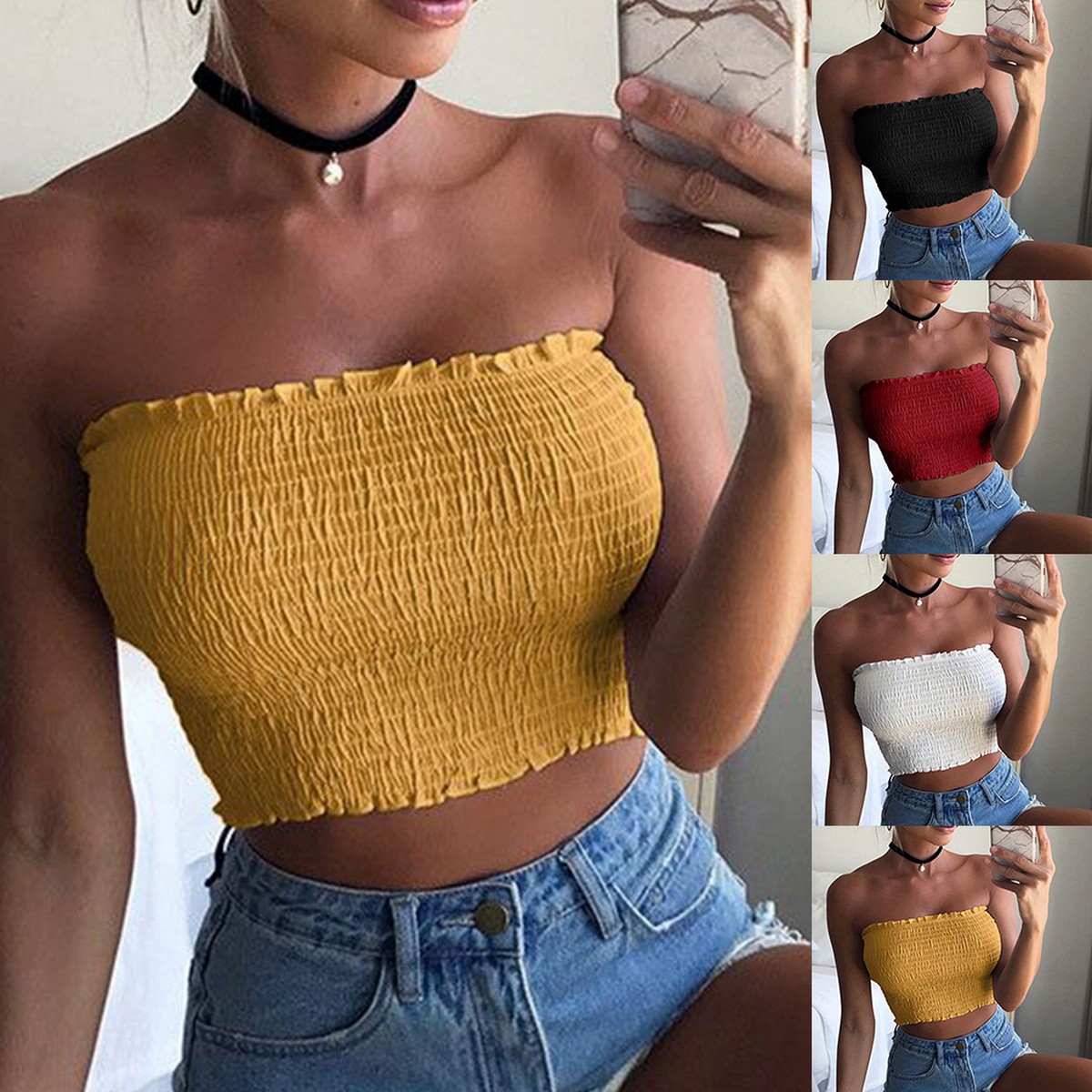 Women Crop Top Sleeveless Stretchy Solid Strapless Tube Top Summer