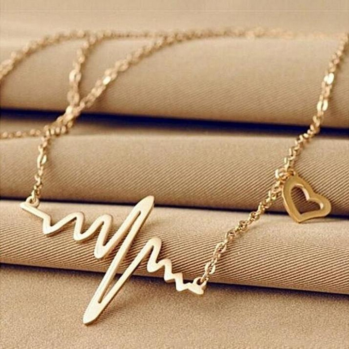 Golden Metal Ecg Heart Beat Wave Necklace Pendant For Women & Girls