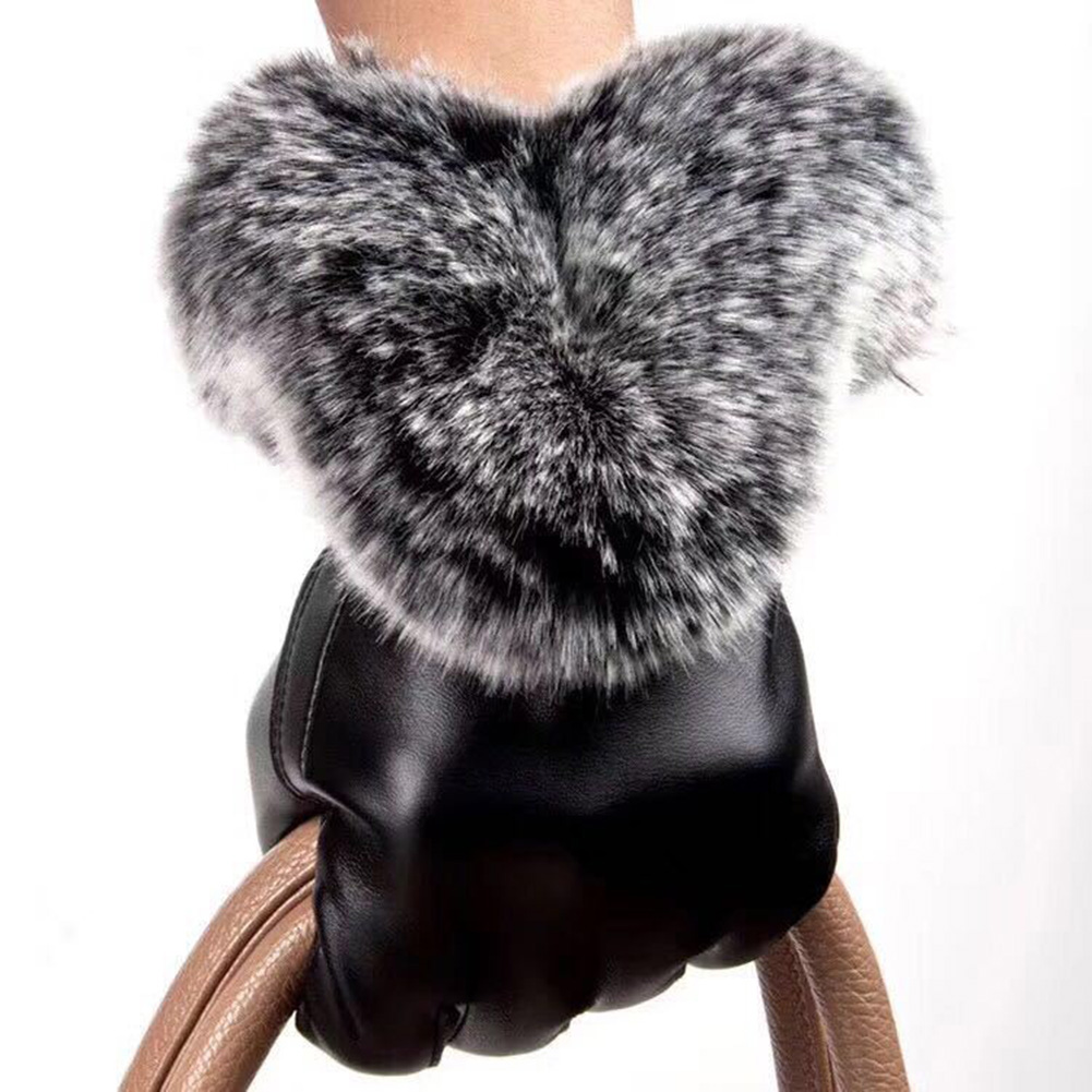 Outdoor Winter Women Windproof Faux Leather Touch Screen Full Finger Gloves with Faux Rabbit Fur Lining