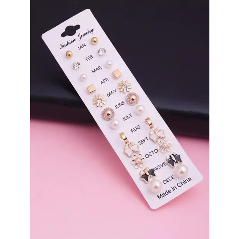 12 Pairs Diff Style Ear Stud Earrings Korean Fashion Cute Small Stud Earring Set Casual/Office Wear Earring Tops Stone Pearl Kaan ke Tops Latest Trendy Ear Rings for Women & Girls