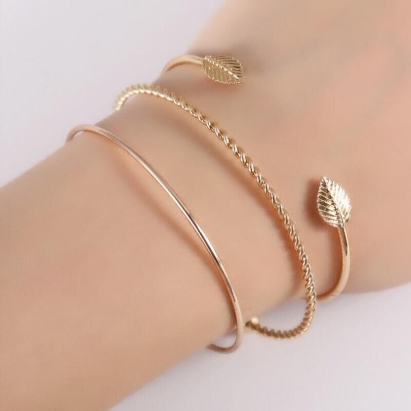 Open Bangle Bracelet Elegant Leaf for Women 3pcs-Set.