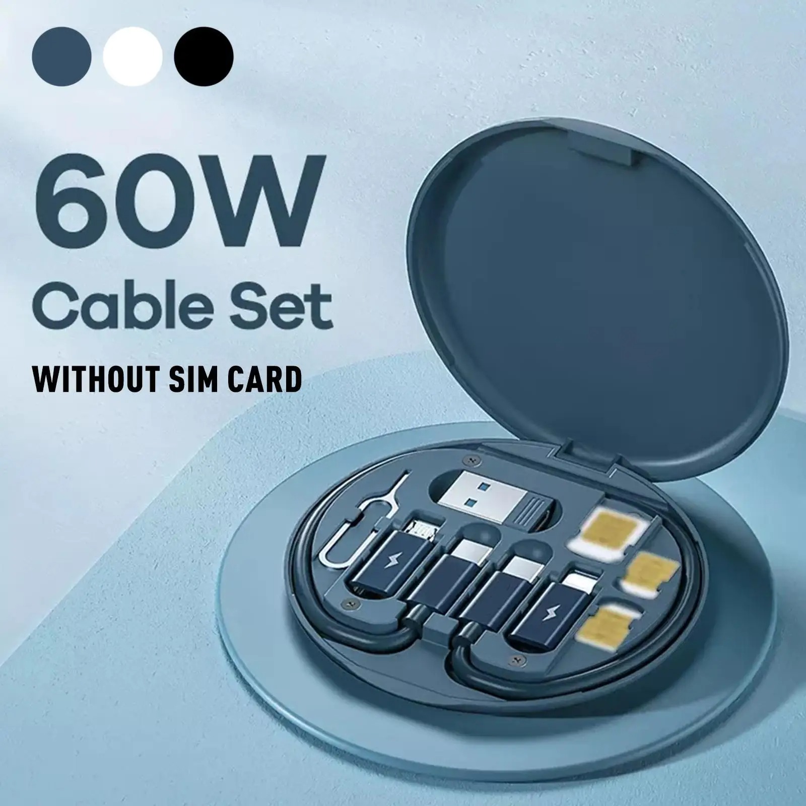 New Portable 5-in-1 Data Cable Storage Box with 60W Fast Charging USB Type-C Cable, Multi-Head Adapter, Mobile Phone Holder, and Sim Card Tray Tool – A Compact Travel Organizer for Charging and Accessories