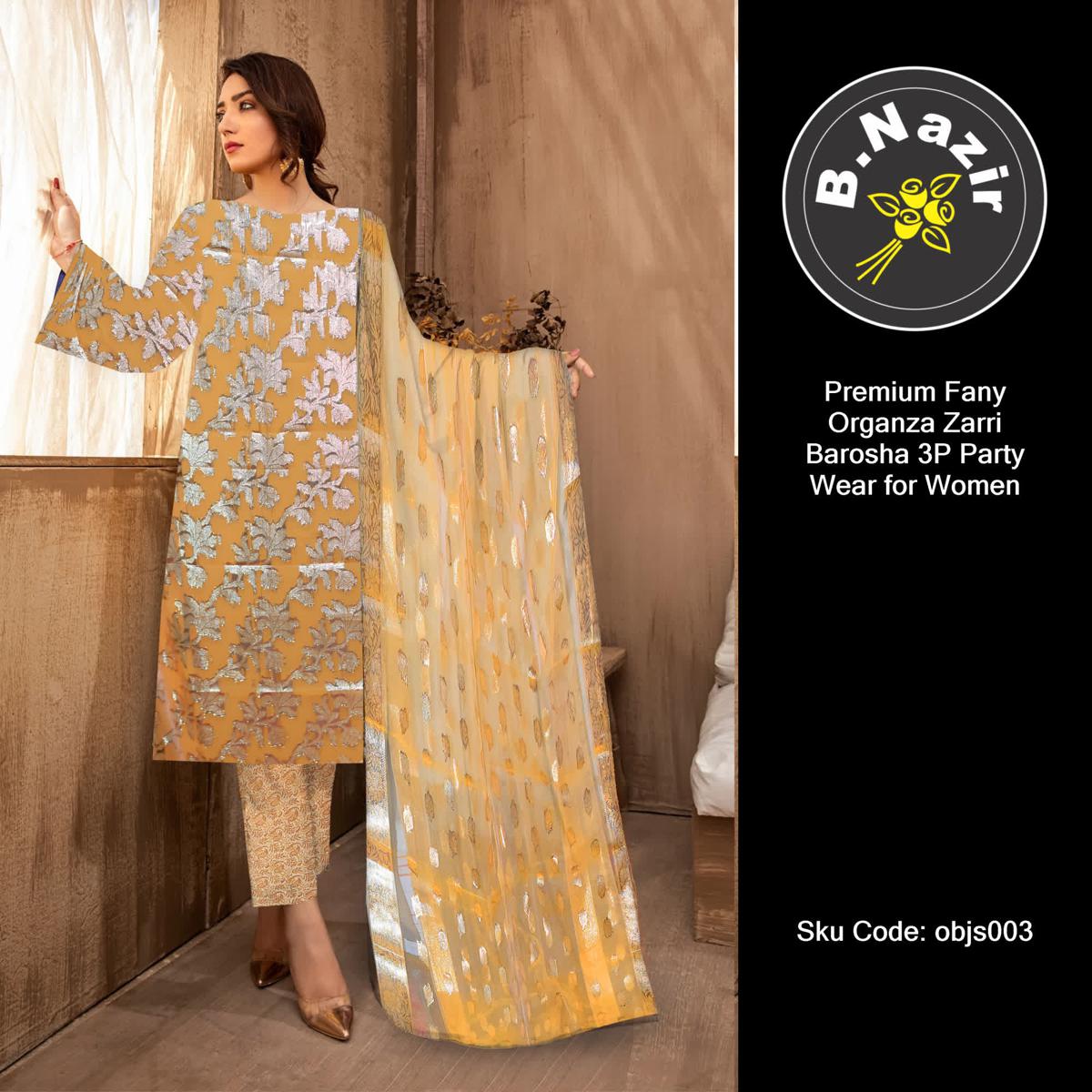 Premium Fany Organza Zarri Barosha 3P Party Wear for Women SKU: objs003