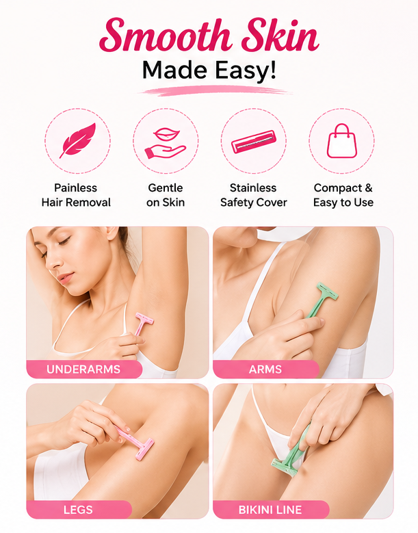 Tinkle Body Razor for Women 2 PCS Set | Facial & Body Hair Removal Razor | Eyebrow, Face, Arms, Legs & Bikini Area Shaving Razor | Stainless Steel Safety Cover | Reusable Portable Beauty Grooming Tool for Smooth & Precise Hair Removal
