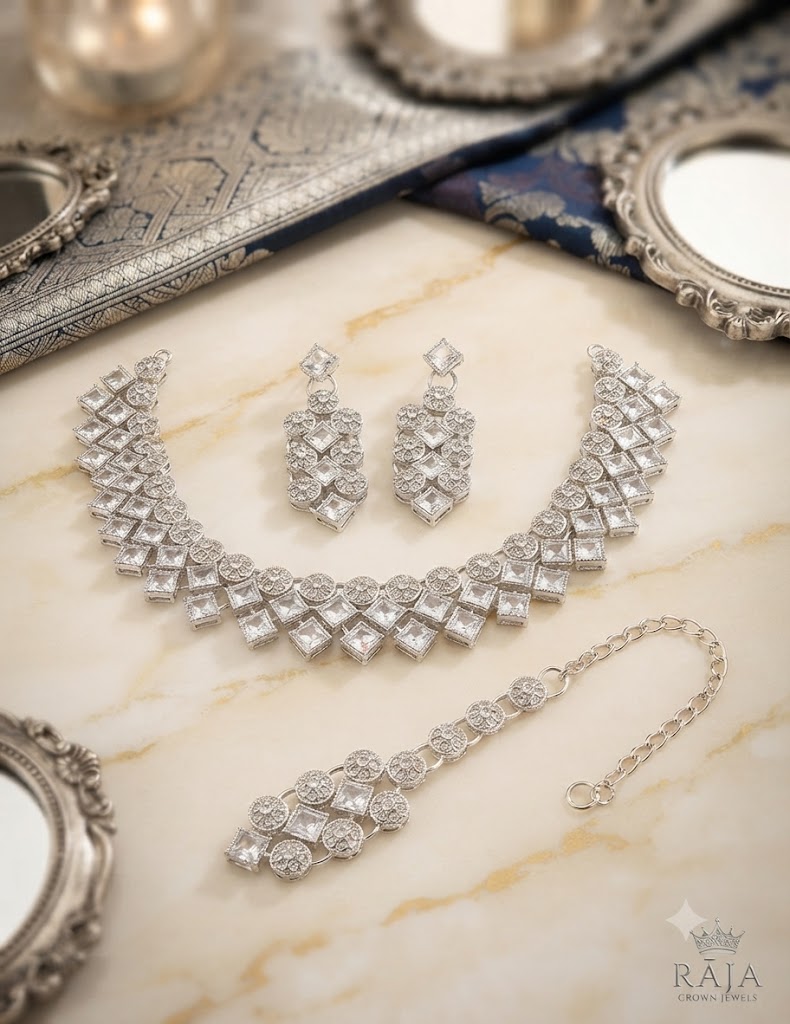 Golden Crystal Girls nagina zercon choker new  patti style with ear rings with tika  Jewellery  Set For Women Trendy Fashion long lasting polish 00101