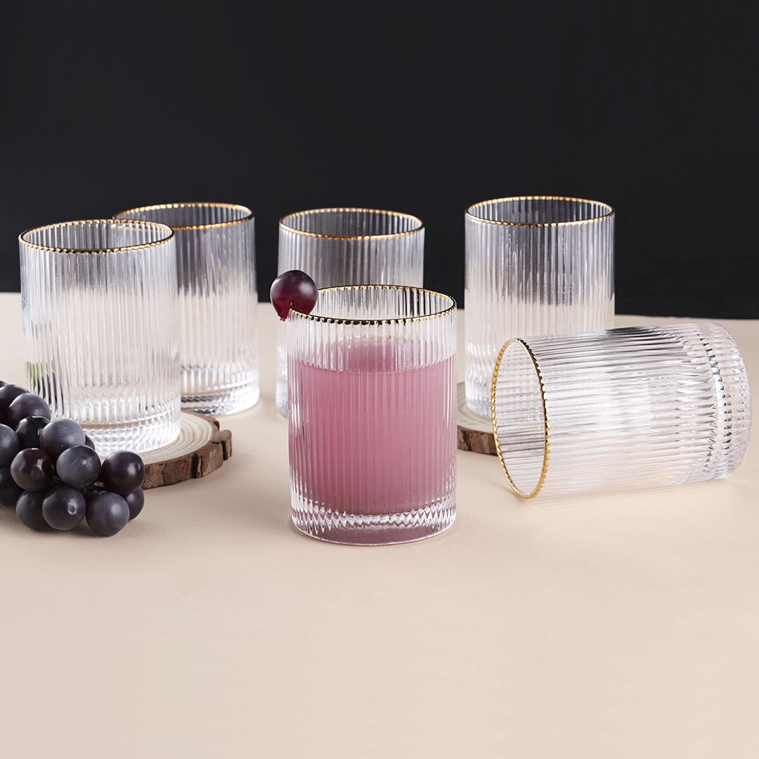 Drinkware Glass Set Of 6 Pcs – Ridged Stripe Gold Rim Glassware Set
