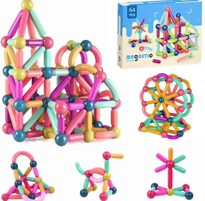 64 Pes Magnetic Blocks Set Toy Magnetic Bar Constructor Building Blocks Montessori Educational Kids Toys For Children Early Educational Toys Set, Magnetic Building Sticks Kit Kids Gift for Age 3+, Recreational Building Sticks Block Set