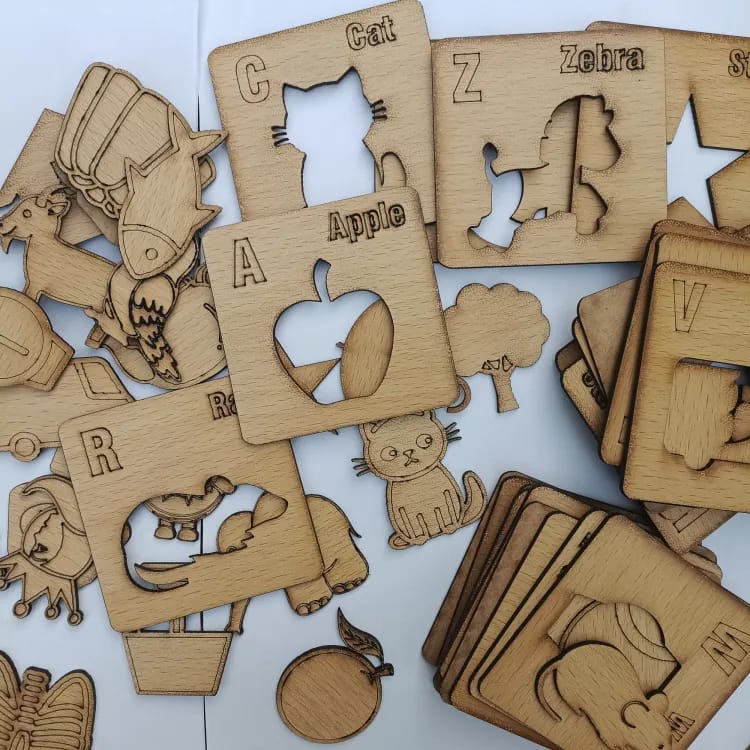 Kids Wooden Drawing Stencils English/Urdu/Mathematics Alphabets Learning Puzzle Toys (A to Z complete)