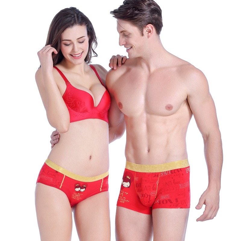 Lovers Underwear Men Boxer Shorts Women Briefs Couples Underpant Lady  Panties Cotton Print Panty Set