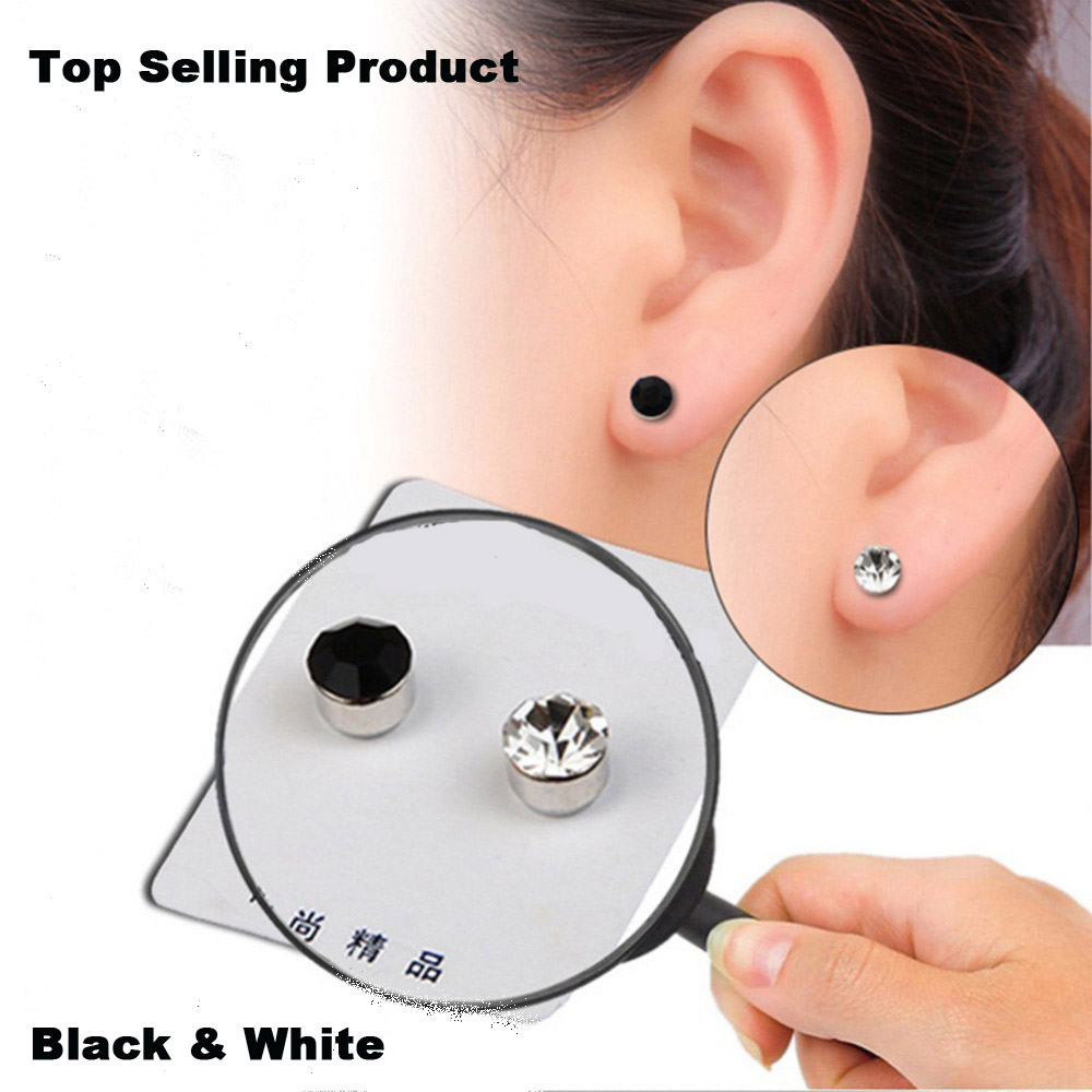 2 Pc Black & White Diamond Ear Stud For Non Piercing Ear Unisex