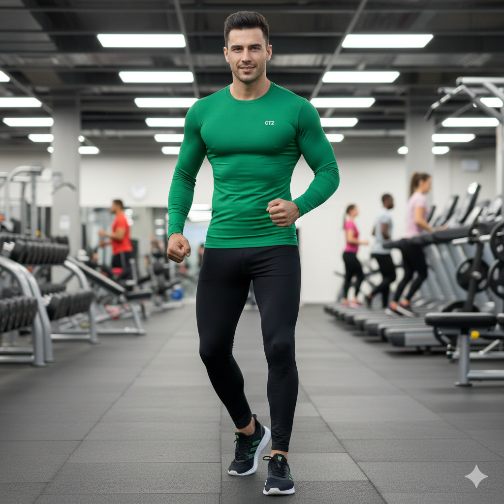 Branded Mens Compression Base Layer Top Long Sleeves Athletic Workout Forest Green