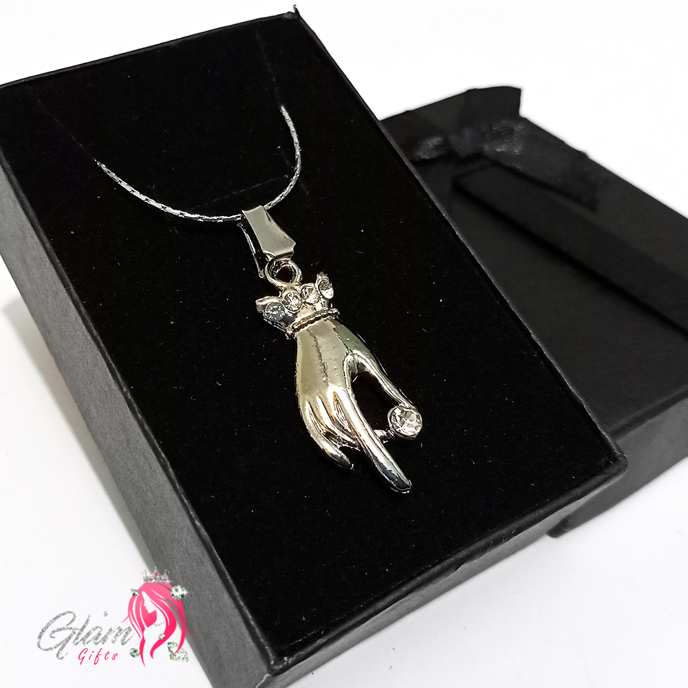 Female Hand with Stone Silver Pendant Necklace Embellished with crystals-Gift Box Included