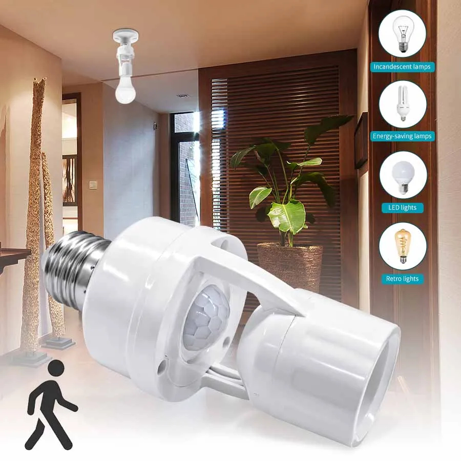New E27 Motion Sensor Lamp Holder | PIR Human Induction Light Bulb Socket | Automatic On Off Light Switch | Adjustable Timer | 85-265V Smart LED Converter for Home Indoor Use