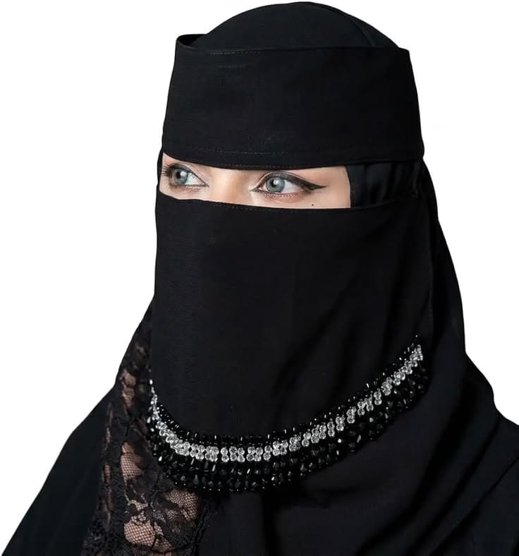 (New) Arabic Style Premium Hijab Niqab Patti Forehead Cover V Shape Nosepiece Canvas Pardah With Black & White Diamond Lace Hand Work For Female-Ladies-Girls-Women Chiffon Black Color Short Stylish Trendy Traditional Daily Use Islamic Muslim Wear