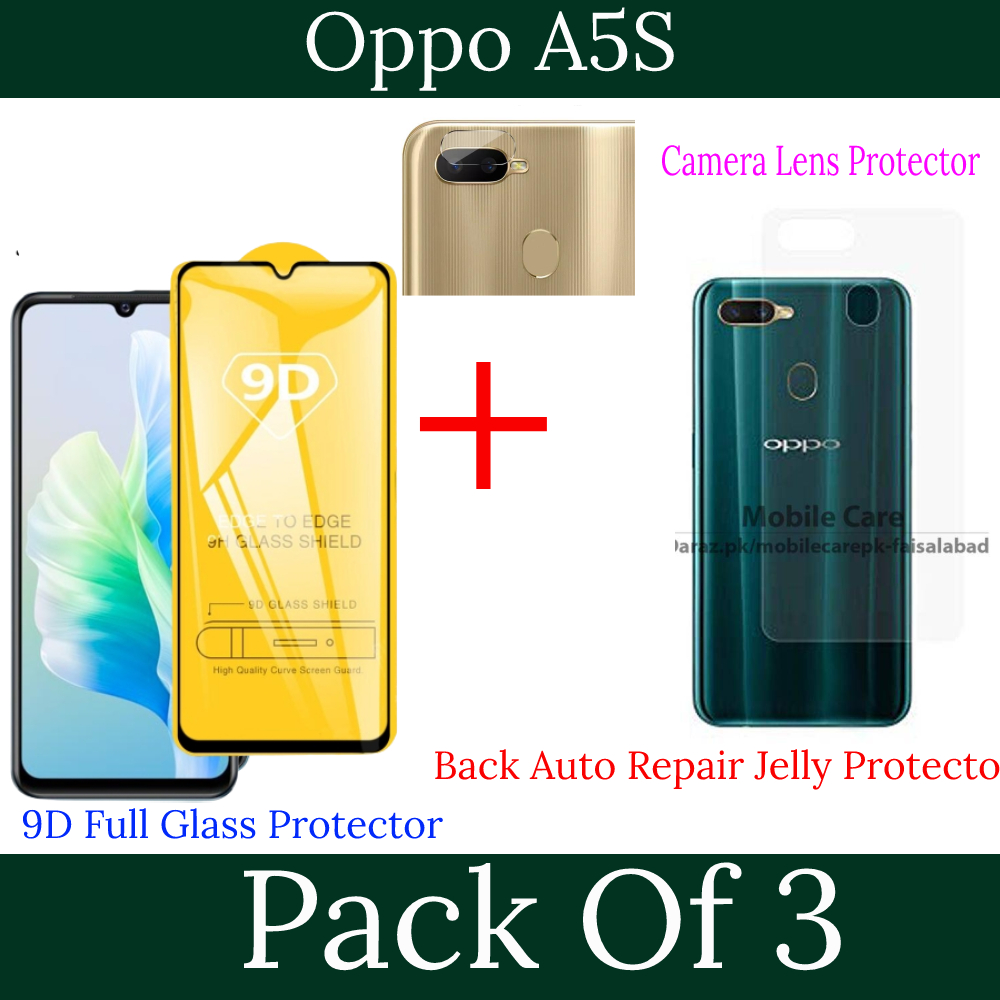 Pack of 3- Oppo A5s 9D 21D Tempered Glass Black Border Transaprent