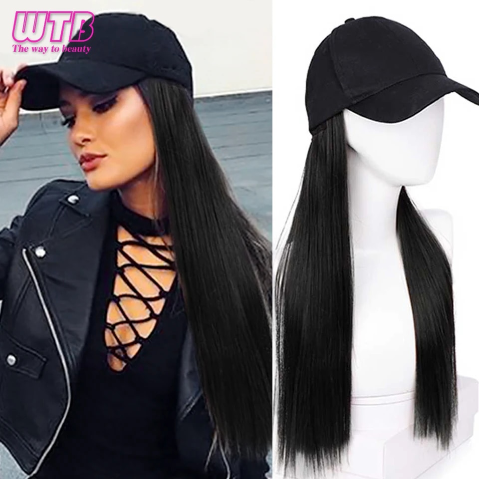 Long Straight Synthetic Baseball Cap Hair Wigs Naturally Connect Synthetic Hat Wig Adjustable For Girl