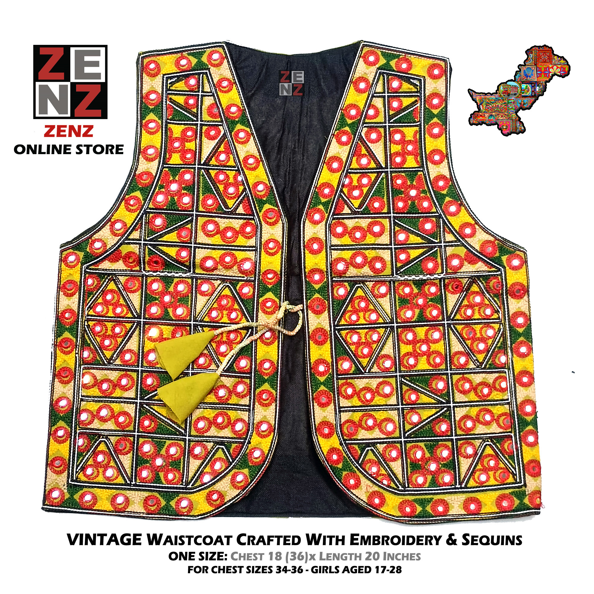 Pakistani Sindhi Balochi Kashmiri Traditional & Cultural Wear Waistcoat Koti Embroidered Zenz Multicoloured Embroidery for Girls & Women